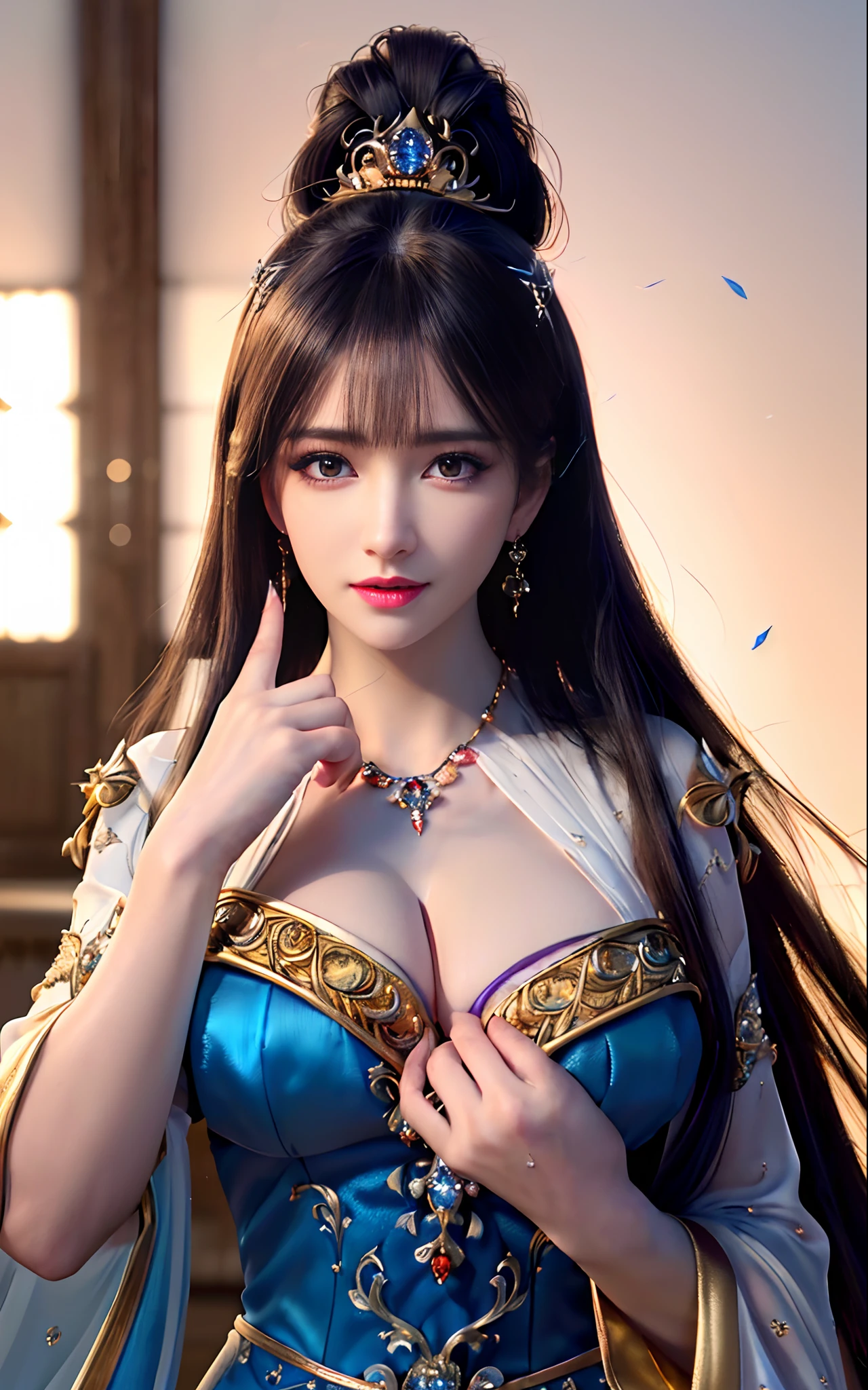 ((realisticity: 1.2)), ((realistic: 8K UHD)), ((best resolution: 8K UHD)), hyper detailed, best quality,masterpiece,highres,cg,
((1 hyper detailed and hyper realistic girl)), ((very beautiful queen dazzling, hyper realistic, and hyper detailed)),((white skin, beautiful, smooth, youthful, hyper realistic and hyper detailed
)), ((Hyper beautiful face, white, hyper realistic and hyper detailed)), long hair, ((hyper realistic and hyper detailed dress)), solo, ((hyper realistic, hyper beautiful, gorgeous and hyper detailed jewelry)), ((hyper beautiful, hyper realistic and hyper detailed dark red and golden yellow dress)),
((Hyper beautiful, hyper realistic, hyper detailed diamond filled earrings)),
  ((Hyper beautiful, hyper realistic and hyper detailed diamond filled hair ornament)), ((hyper beautiful upper body, hyper beautiful, hyper 
 realistic and hyper detailed)), ((big breasts: 2.5)), 
((Hyper grand, hyper realistic and hyper detailed royal palace backgroun))
((Hyper beautiful, hyper beautiful, hyper realistic and hyper detailed hair bun)), ((hyper realistic and hyper detailed fingers and palms)), ((hyper beautiful, hyper realistic and hyper detailed blue hair)),
candid, Photograph, high resolution, 8k,Bokeh,