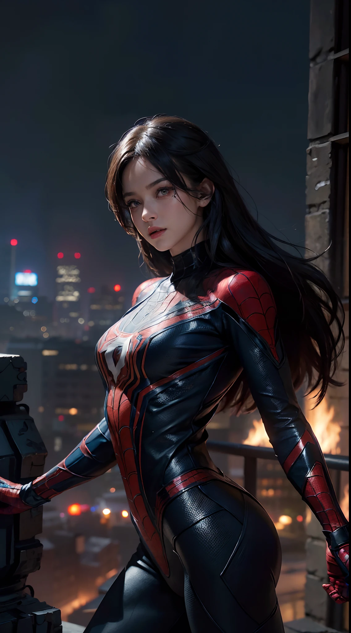 Сексуальная Woman dressed as Spider-Man from Marvel Comics, In the fortress of loneliness, Looks cool, (ultra realistis), (illustartion), (High Resolution), (8K), (Very detailed), (Best illustration), (Best Quality), (Ultra Detailed), (Masterpiece), 独奏, (dynamicpose), dark studio