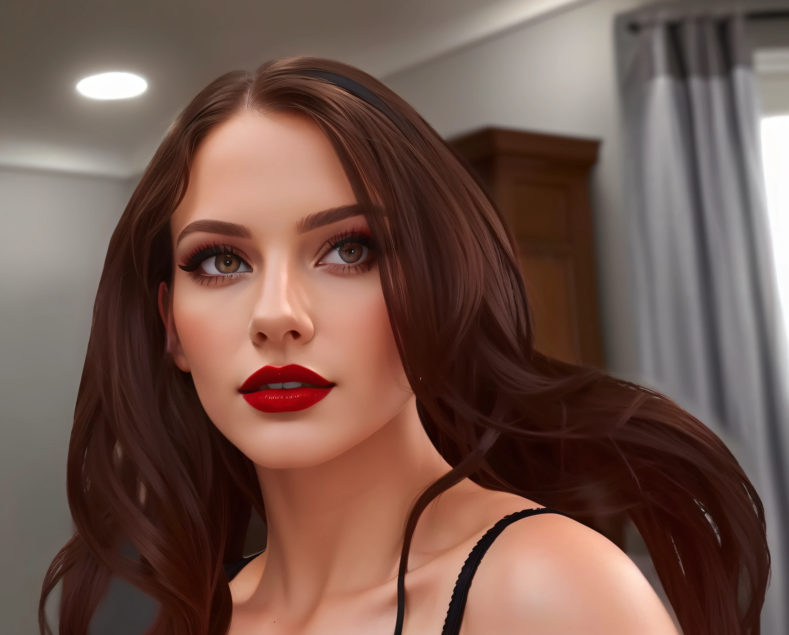 ((masterpiece, best quality)), Caucasian woman with long brown hair and heavy eye shadow, (in black bra), red lipstick, at home, photo realistic