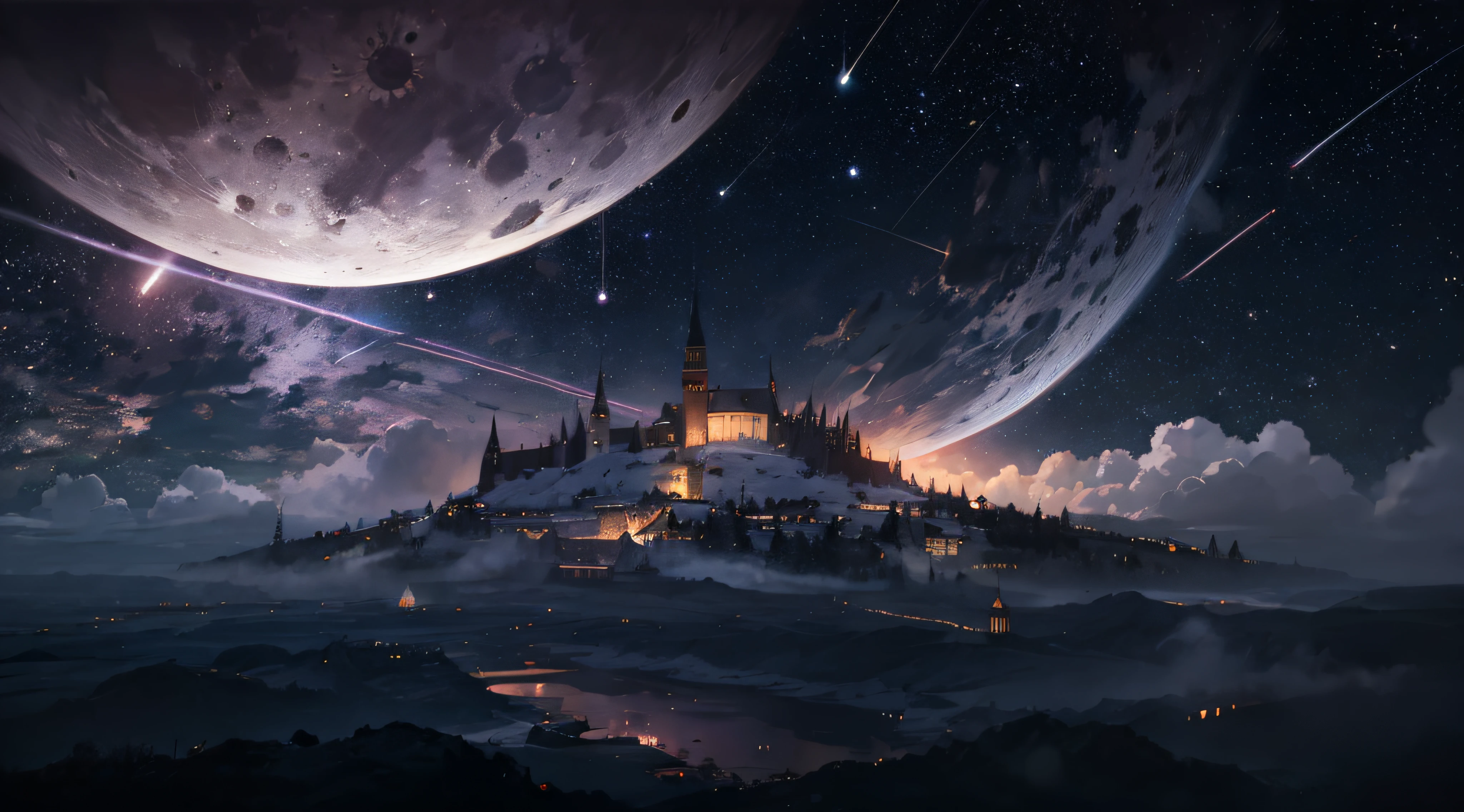 Expansive landscape photograph，（moon full：1.2），（meteors：0.9），（Starcloud：1.3），（Warm light source：1.2），（glowworm：1.2），lamp lights，Lots of purple and orange，Complicated details，Volumetriclighting，Realism BREAK（tmasterpiece：1.2），（best qualtiy），8K，Ultra-detailed，（dynamic compositions：1.4），The is very detailed，Colorful details，（Irridescent color：1.2），（luminouslighting，Atmospheric lighting），dream magical，magical，（独奏：1.2），（（best qualtiy））， （（tmasterpiece））， （the detail：1.4），depth of fields，maximum definition and sharpness，perfectly proportions，Fluttering clouds，Wallpapers
