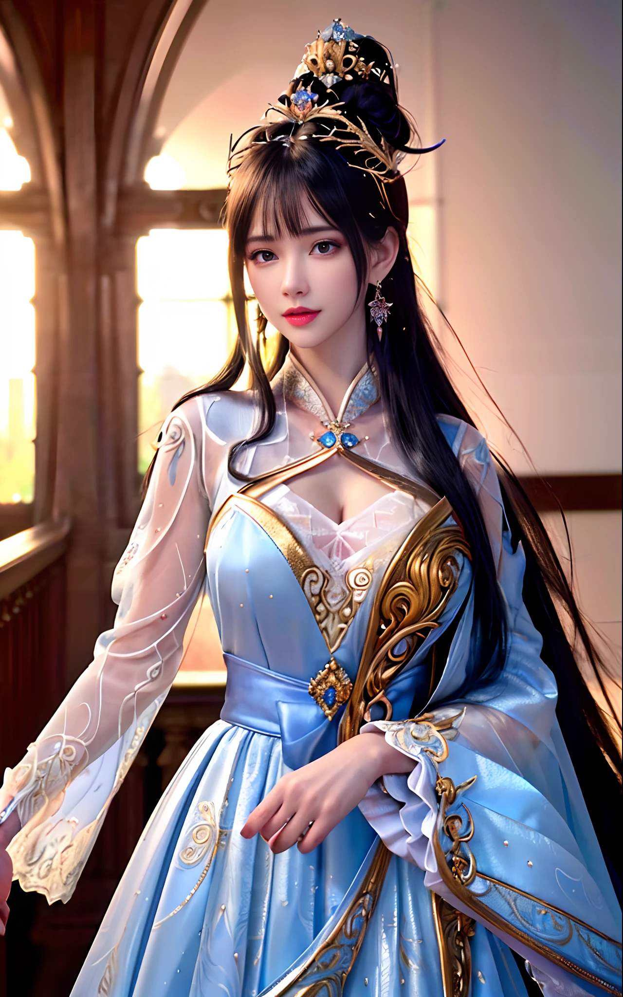 ((realisticity: 1.2)), ((realistic: 8K UHD)), ((best resolution: 8K UHD)), hyper detailed, best quality,masterpiece,highres,cg,
((1 hyper detailed and hyper realistic girl)), ((very beautiful queen dazzling, hyper realistic, and hyper detailed)),((white skin, beautiful, smooth, youthful, hyper realistic and hyper detailed
)), ((Hyper beautiful face, white, hyper realistic and hyper detailed)), long hair, ((hyper realistic and hyper detailed dress)), solo, ((hyper realistic, hyper beautiful, gorgeous and hyper detailed jewelry)), ((hyper beautiful, hyper realistic and hyper detailed dark red and golden yellow dress)),
((Hyper beautiful, hyper realistic, hyper detailed diamond filled earrings)),
  ((Hyper beautiful, hyper realistic and hyper detailed diamond filled hair ornament)), ((hyper beautiful upper body, hyper beautiful, hyper 
 realistic and hyper detailed)), ((big breasts: 2.5)), 
((Hyper grand, hyper realistic and hyper detailed royal palace backgroun))
((Hyper beautiful, hyper beautiful, hyper realistic and hyper detailed hair bun)), ((hyper realistic and hyper detailed fingers and palms)), ((hyper beautiful, hyper realistic and hyper detailed blue hair)),
candid, Photograph, high resolution, 8k,Bokeh,