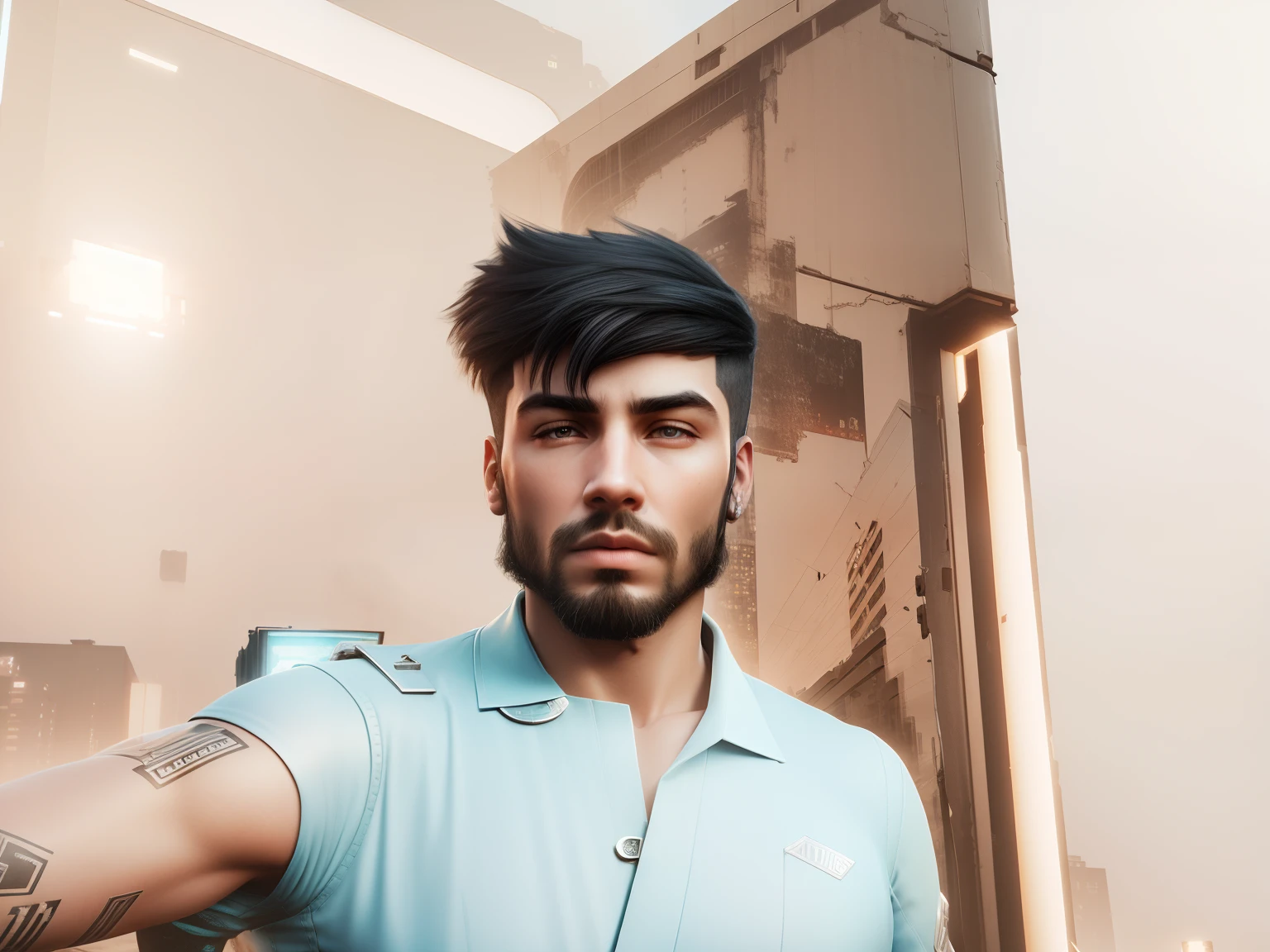 Change background to cyberpunk city , stud men look , realistic face ,