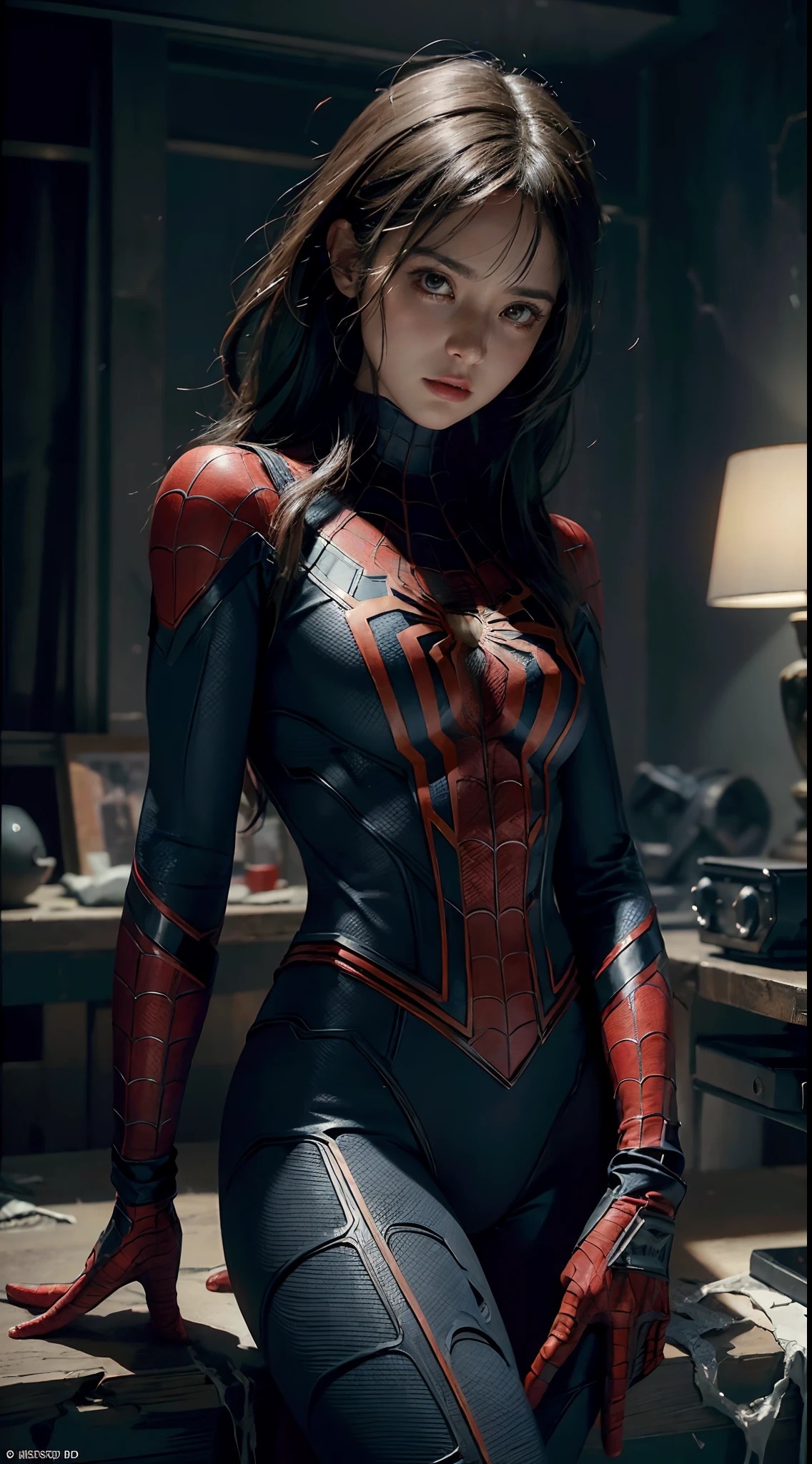 Woman dressed as Spider-Man from Marvel Comics, In the fortress of loneliness, Looks cool, (ultra realistis), (illustartion), (High Resolution), (8K), (Very detailed), (Best illustration), (Best Quality), (Ultra Detailed), (Masterpiece), 独奏, (dynamicpose), dark studio