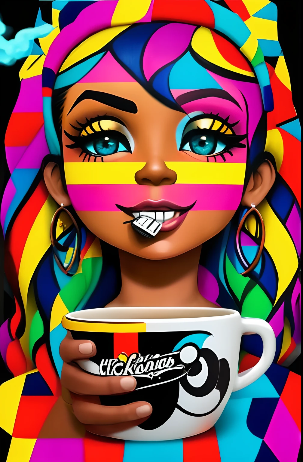 (Chicara WITH COFFEE COMING OUT SMOKE ), Eduardo Kobra ,Romero Brito,The Filling Twins ,multidimensional geometric wall PORTRAIT, arte, Chibi,
Yang08k, lindo, Colouring,
Primary works, qualidade superior, melhor qualidade, Arte Oficial, Beautiful and Aesthetic, 64 mil