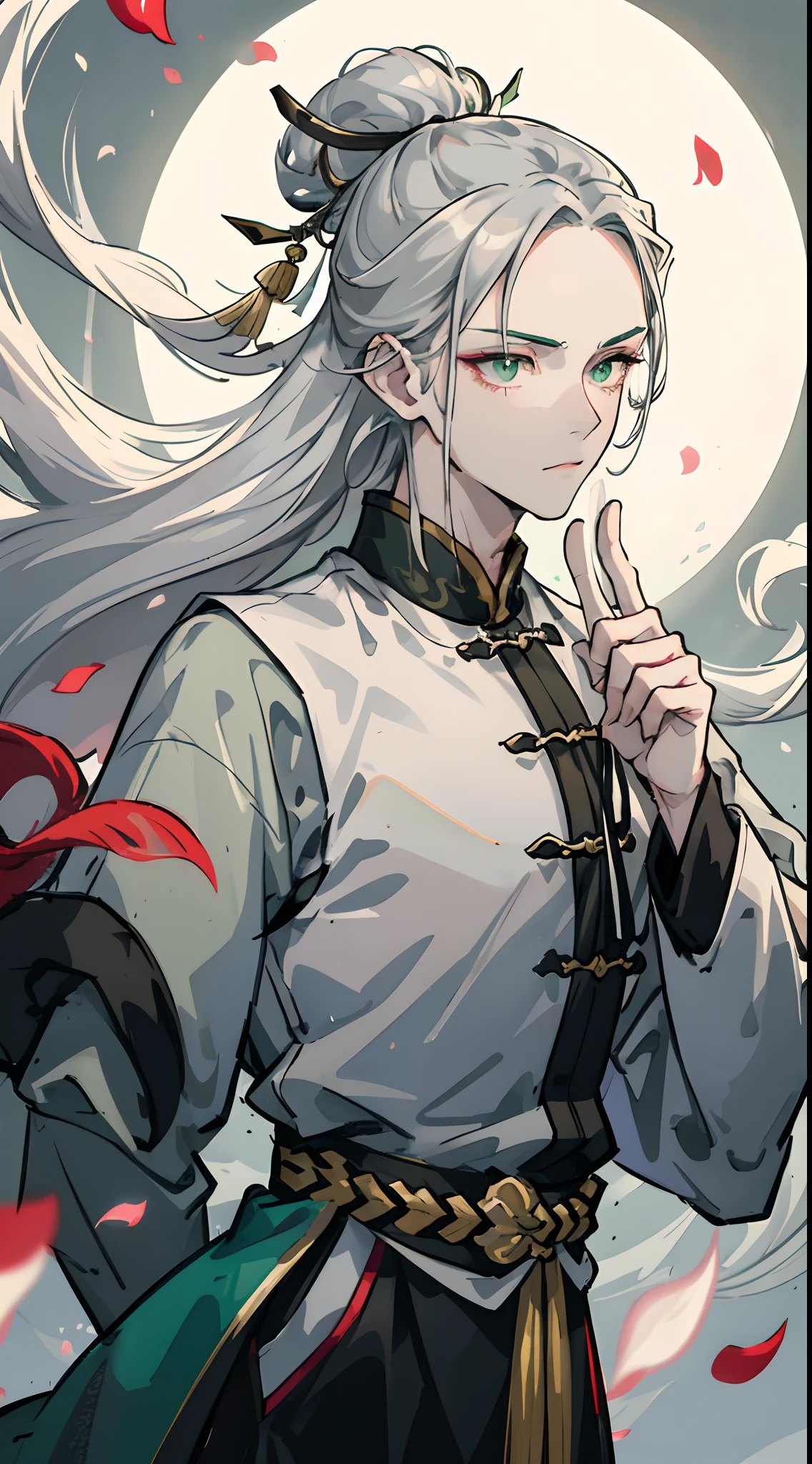 Adult male, strong, green eyes, long silver hair, floating hair, forehead wipe, resolute eyes, complex white Taoist Taoist uniform, gorgeous accessories, magic smoke around him, fov, f/1.8, masterpiece, ancient Chinese architecture, night, flower petals flying, front portrait shot, side lighting, moonlight shining on people, 8K, ultra HD, HDR