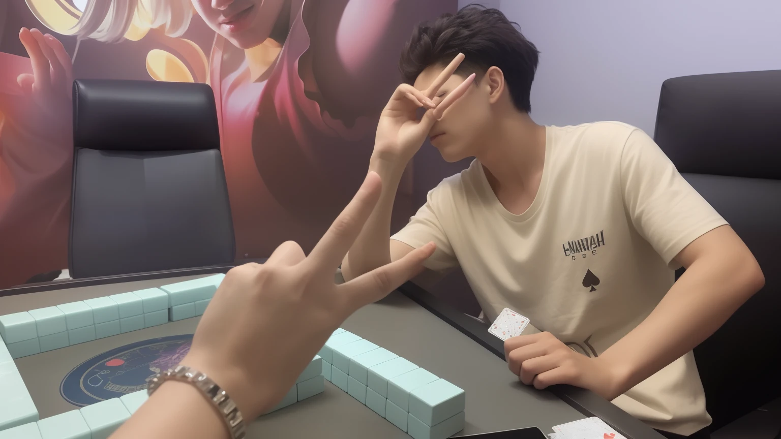 There is a man sitting at a table playing a card game,, Mana shot out of his index finger,
