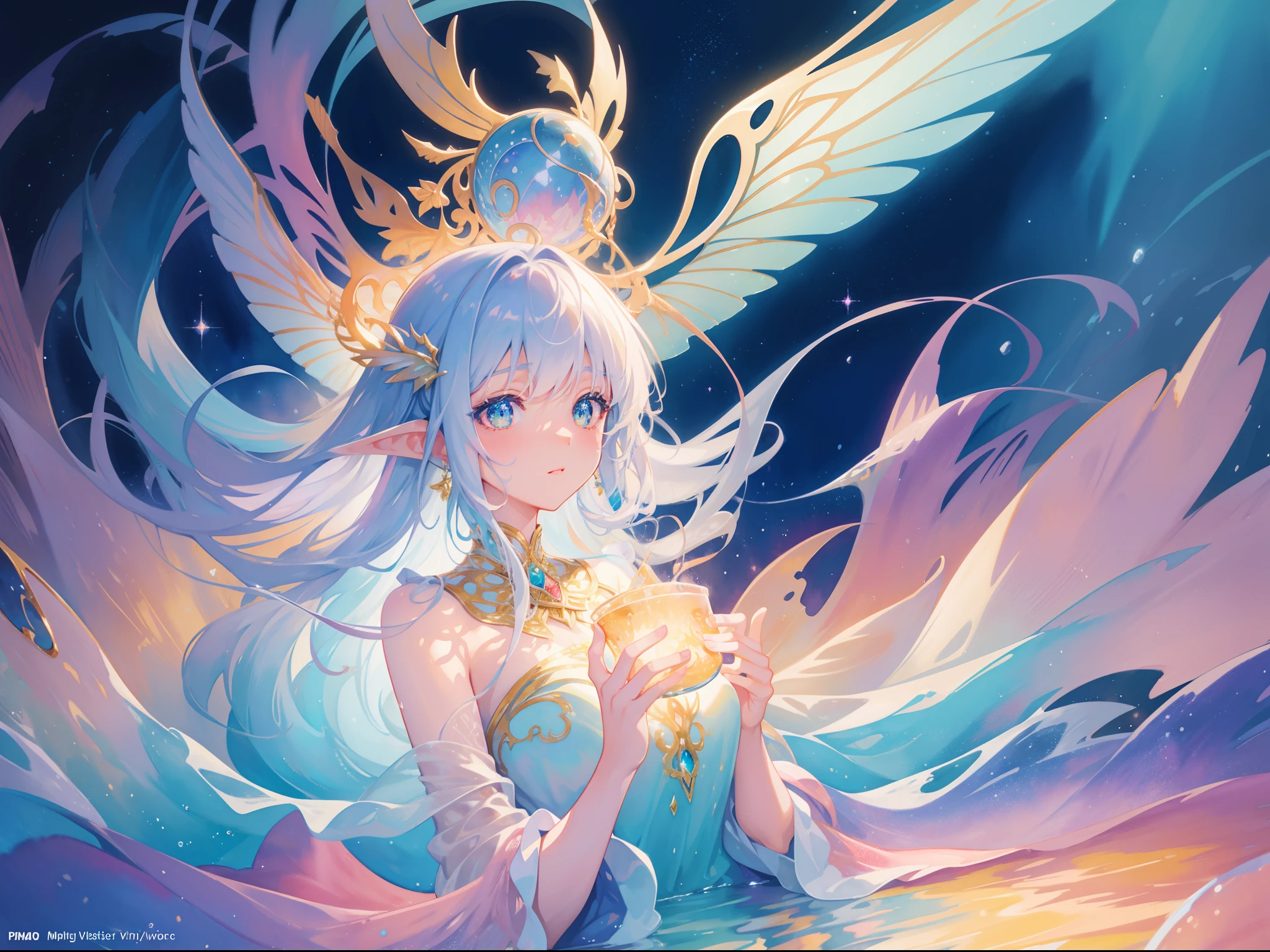 masterpiece, best quality, sharp focus, 8k, intricately detailed environment, anime, watercolor illustration, colorful, bright colors, whimsical, glowing lights, liquid otherworldly, fairy lights, beautiful girl in flowing liquid glowing dress, perfect face, golden ratio, sparkling eyes, watercolor, liquid light, angel wings