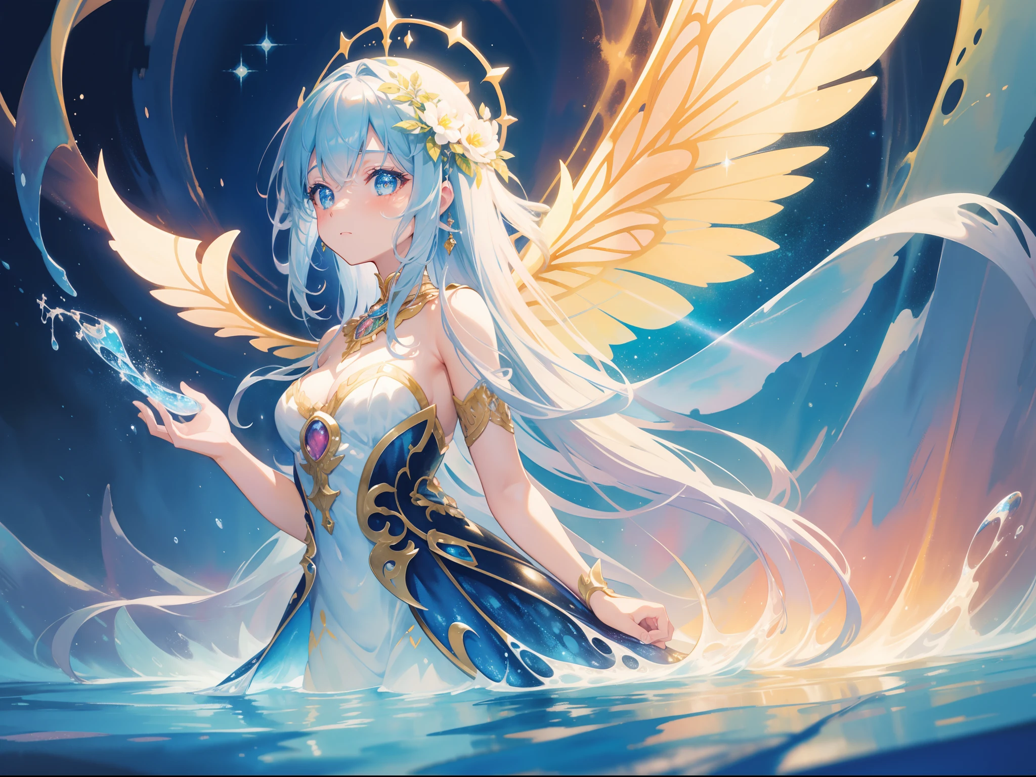 masterpiece, best quality, sharp focus, 8k, intricately detailed environment, anime, watercolor illustration, colorful, bright colors, whimsical, glowing lights, liquid otherworldly, fairy lights, beautiful girl in flowing liquid glowing dress, perfect face, golden ratio, sparkling eyes, watercolor, liquid light, angel wings