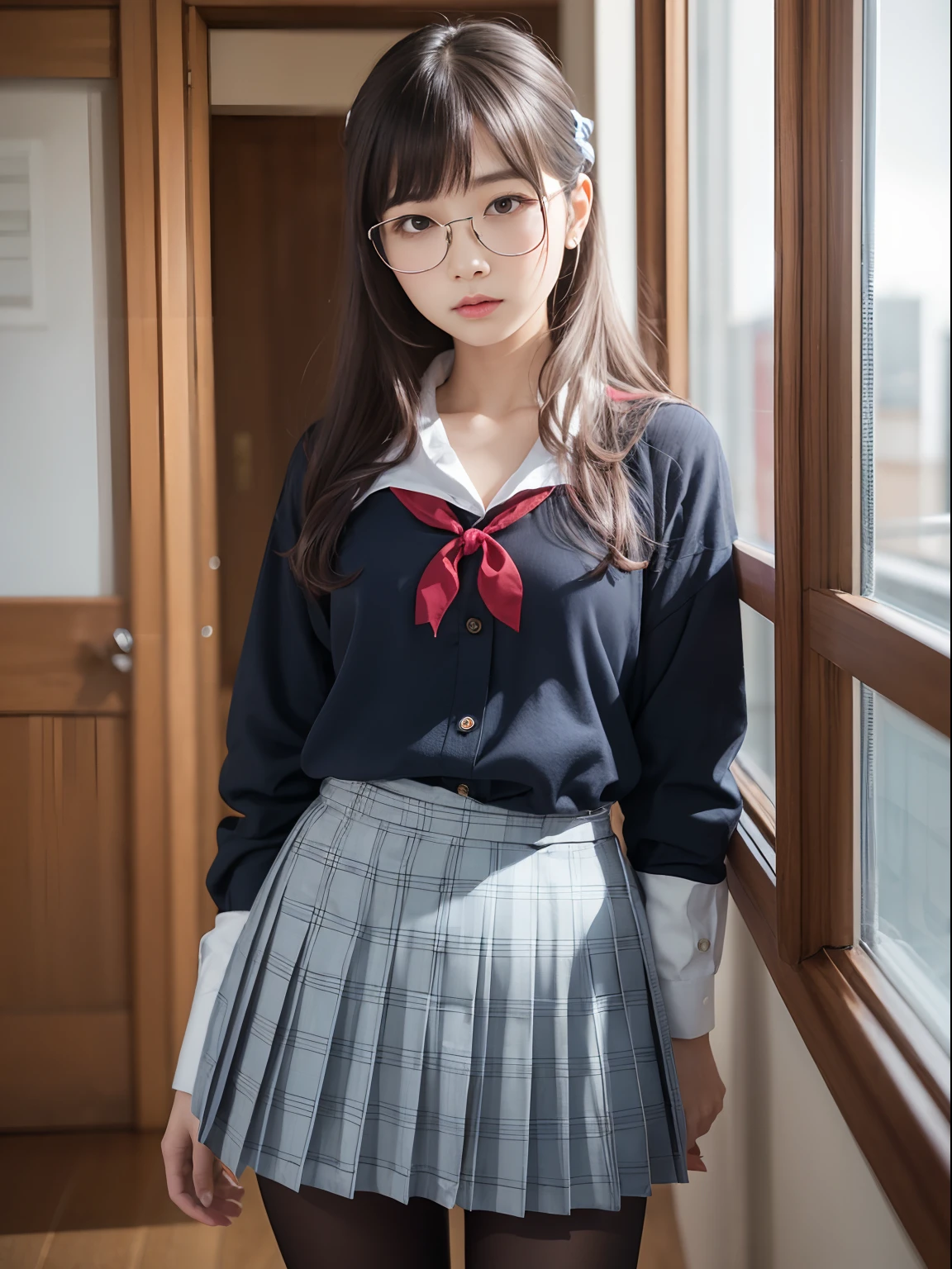 （8K、Raw photography、top-quality、​masterpiece：1.2),watching at viewers,Looking at the front,Tie a side ponytail、Hang your hair on your chest.,Bullish,Muchimuchi,Erotic,Pupils,Light Blue Bra,de pele branca,kne,(Black pantyhose),absurderes,a small face,small tits,flat breast,Parting the bangs from the middle、Forehead visible,(a cold expression,Tight eyes,glares,Bullish,skinny,Rasping,irate)、​masterpiece,top-quality、超A high resolution,Raw photo,ren,Beautiful fece,One Person, 独奏,eye glass,,Dark look,Small breasts,fullllbody,Round glasses、cute little、Back to Student,JK school uniform,hi-school girl,A Japanese Lady,is standing,（Photorealsitic：1.37）、Photon mapping,Realistic、Cute little face,Brown-eyed、Black socks、(Red bow tie)、Radio City、Physically Based Rendering、Foreground、depth of fields、Blurry background、a picture,The girls、Body,beauty legs, Long legs, Thin leg,Tie your hair into one strand on your chest,(Bangs are visible), hair, s lips, Blue_The eye, nosesoft,(Light blue shirt), (Navy and blue and white plaid pleated skirt), Knees are visible,Sheer clothing,, Thigh, Black cotton socks,Nogizaka Idol, 女優, Japanese ido