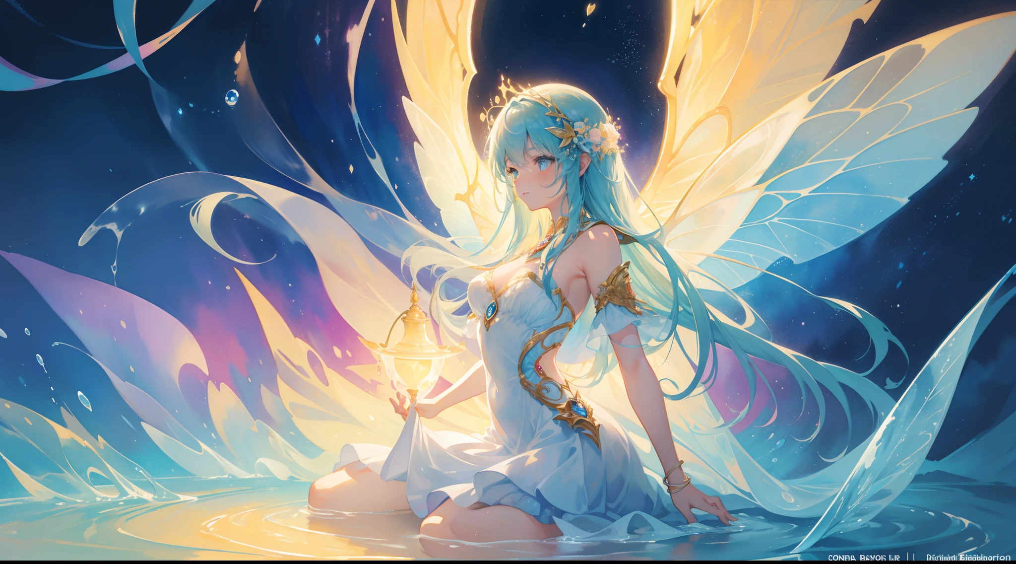 masterpiece, best quality, sharp focus, 8k, intricately detailed environment, anime, watercolor illustration, colorful, bright colors, whimsical, glowing lights, liquid otherworldly, fairy lights, beautiful girl in flowing liquid glowing dress, perfect face, golden ratio, sparkling eyes, watercolor, liquid light, angel wings
