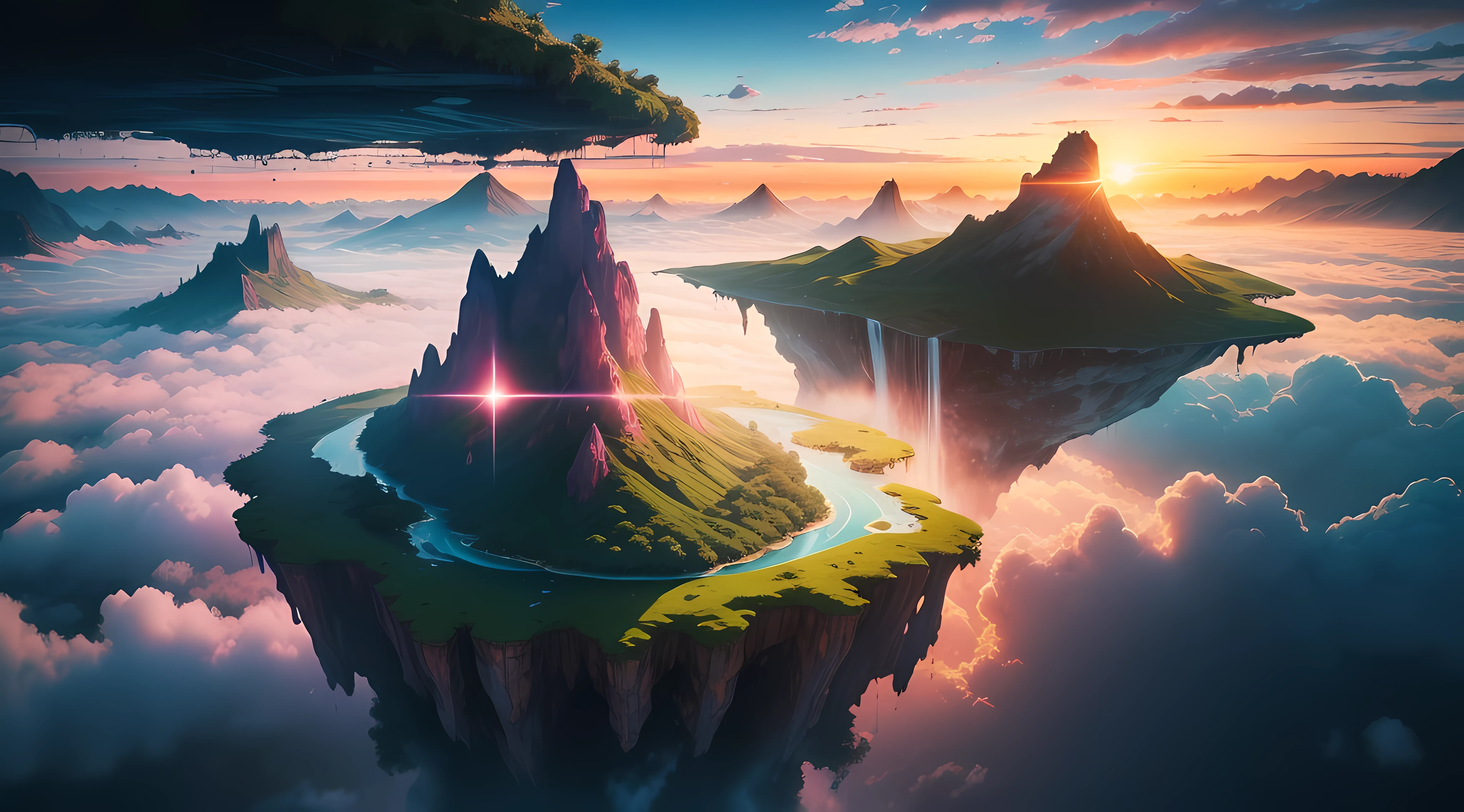 A floating natural island paradise in the clouds. Moss. Mountains. Waterfalls. Pink, blue, and orange sky. Sunset. Planets. Sci-fi.