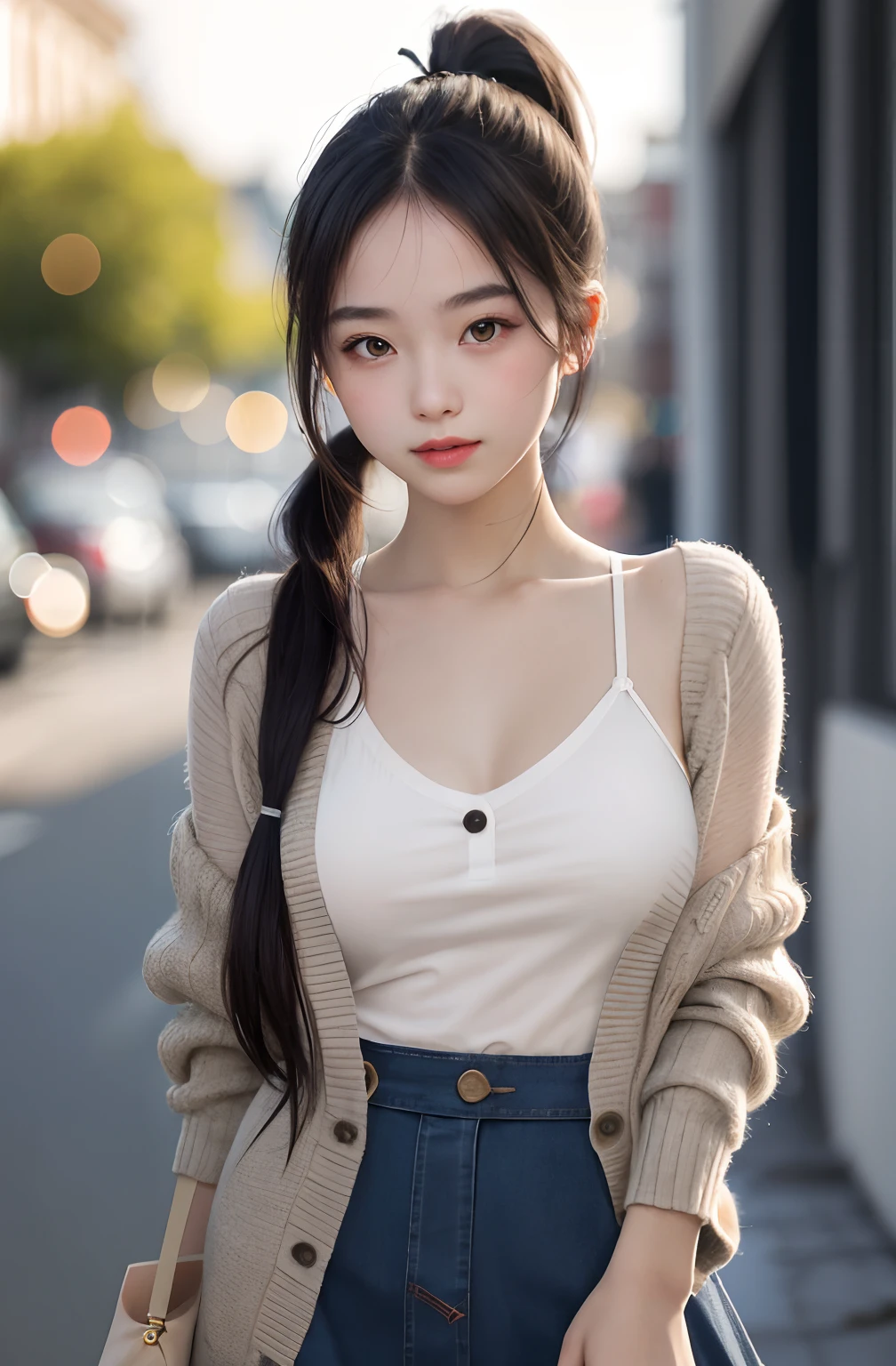 1girl, cute, , seductive expression, look at viewer, spaghetti strap top, high waist short skirt, photo, realistic, best quality, hires, detailed face, detailed background, diffused lighting, depth of field, bokeh, cardigan, ponytail