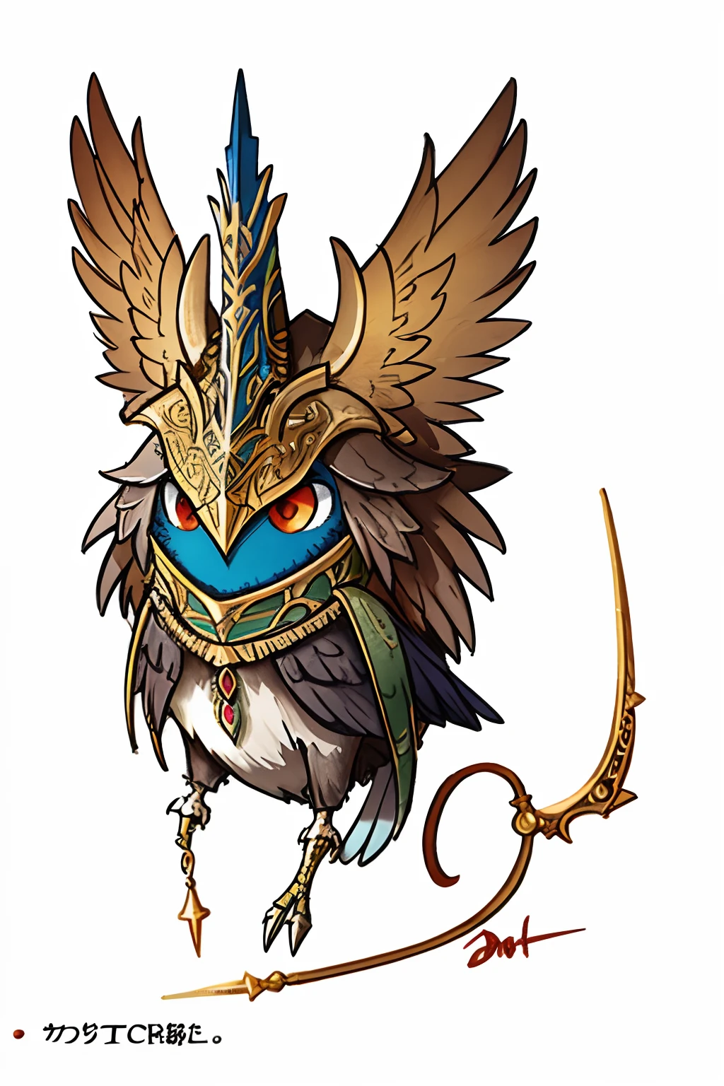 by bestiary_style, a close up of a drawing of a creature with a bird on its back, posuka demizu, lan mcque, from pathfinder, skeksis, an undead desert lich pharaoh, intricate and epic concept art, full color illustration, kenku, scary detailed art in color, intricate concept art, by David Palumbo, intricate from baldurs gate