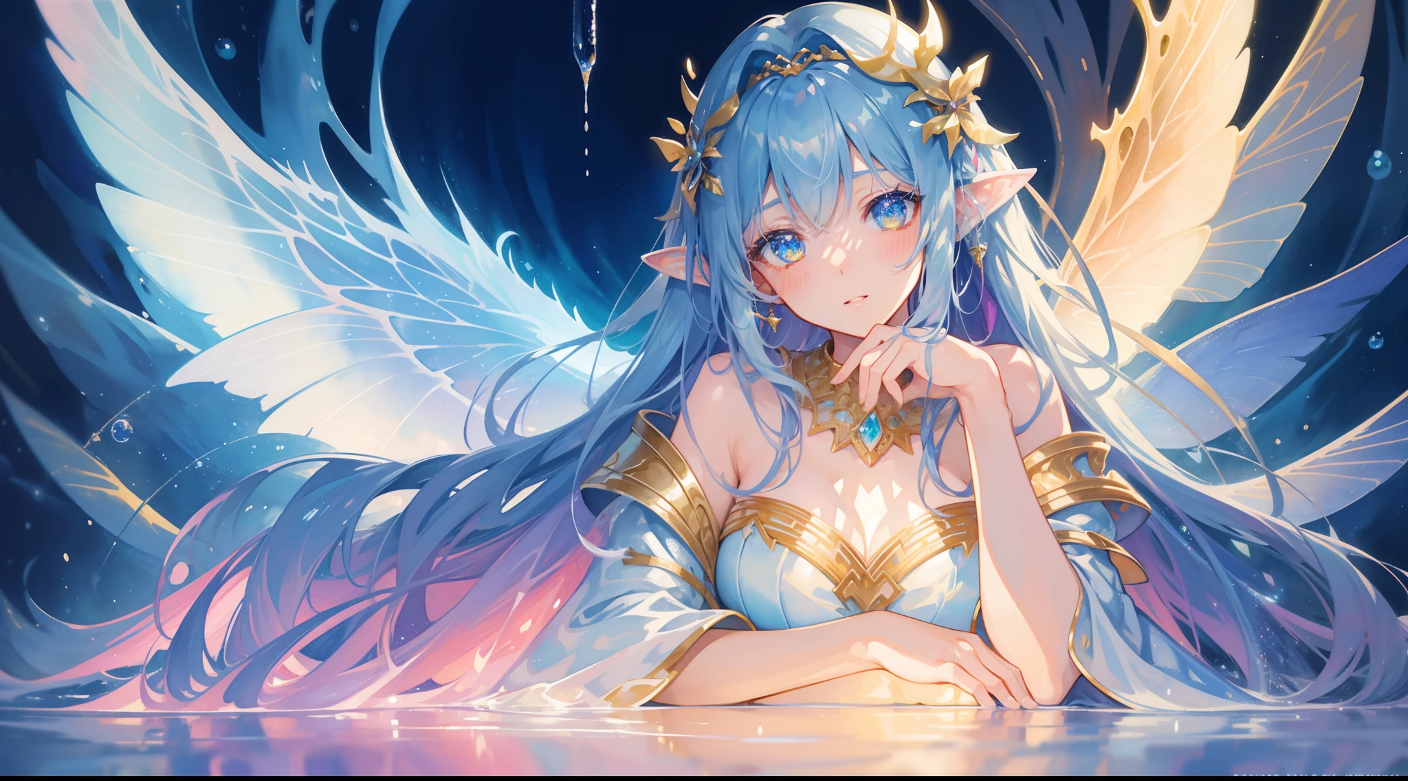 masterpiece, best quality, sharp focus, 8k, intricately detailed environment, anime, watercolor illustration, colorful, bright colors, whimsical, glowing lights, liquid otherworldly, fairy lights, beautiful girl in flowing liquid glowing dress, perfect face, golden ratio, sparkling eyes, watercolor, liquid light, angel wings