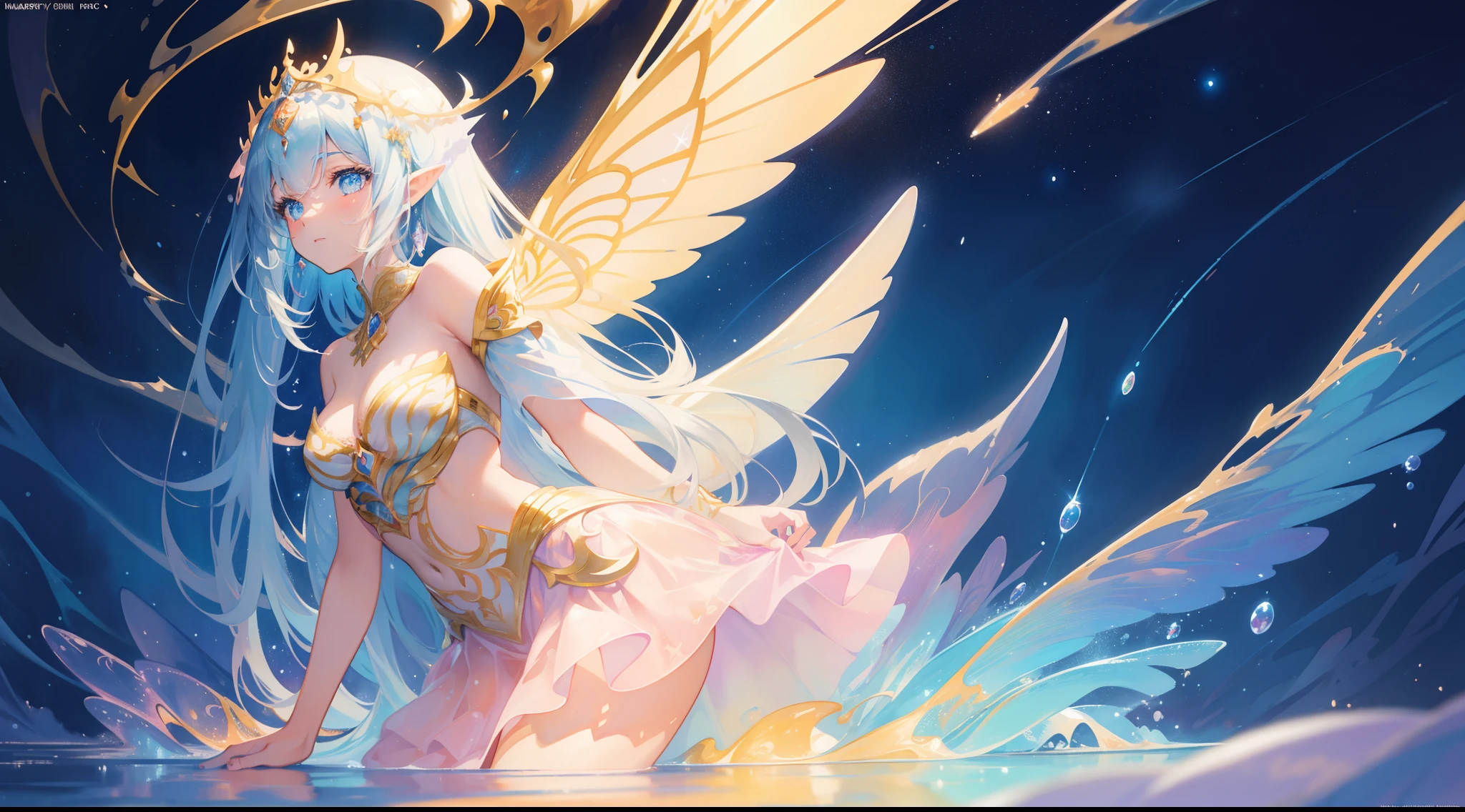 masterpiece, best quality, sharp focus, 8k, intricately detailed environment, anime, watercolor illustration, colorful, bright colors, whimsical, glowing lights, liquid otherworldly, fairy lights, beautiful girl in flowing liquid glowing dress, perfect face, golden ratio, sparkling eyes, watercolor, liquid light, angel wings
