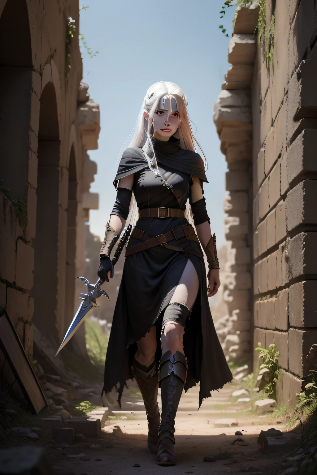 In a war-torn environment,On the ruins of the broken wall stood a woman,There is blood on the body,White hair,Black colored eyes,Dagger in hand,Under your feet are fallen enemies