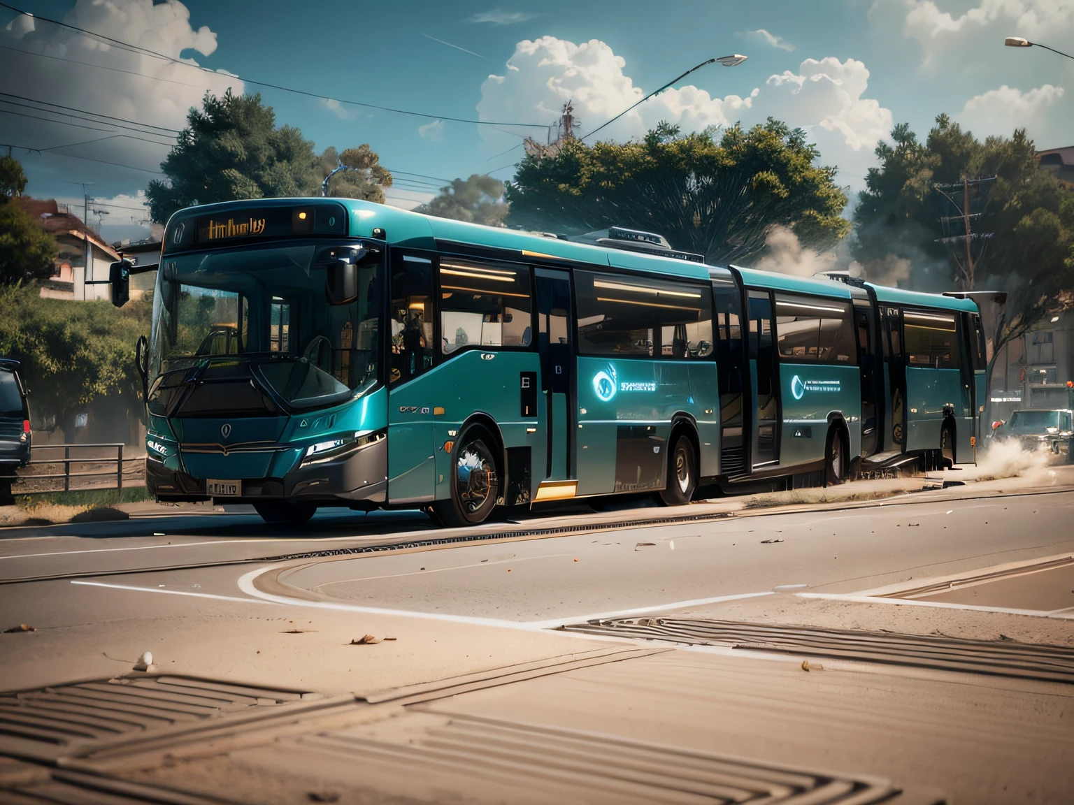 futuristic articulated bus, brancos de fundo, Corpo Steampunk, detalhes intrincados, Magnificent, cinemactic, high resolution, 4k,