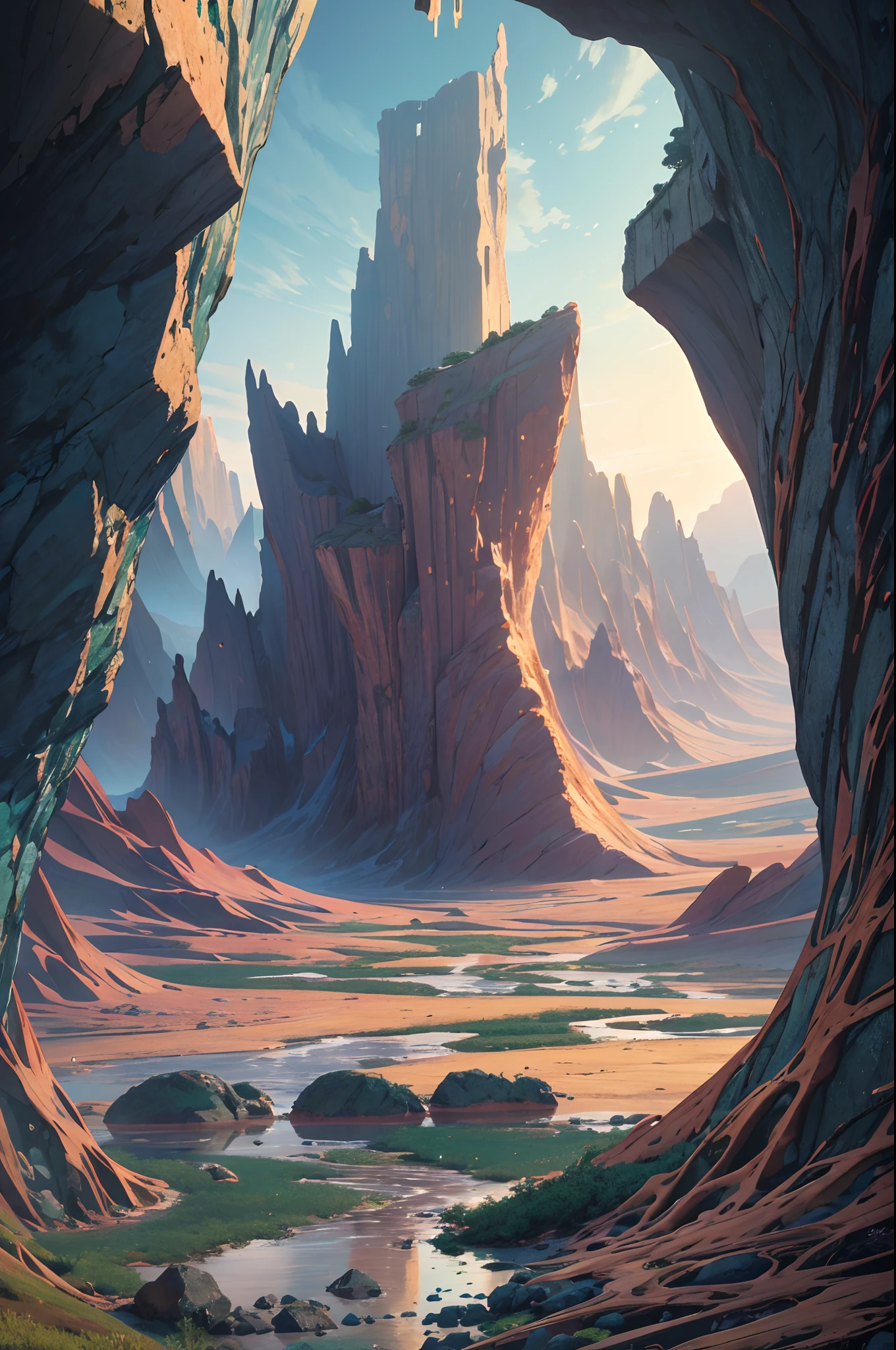 Fantasy Desert, Desert Mountain, (Masterpiece, Best Quality, High Quality, Highres:1.4), (masterpiece, top quality, best quality, official art, beautiful and aesthetic:1.2), extreme detailed,(fractal art:1.3),colorful,highest detailed in ultra detailed, cave filled with rocks and stones and stalagmites and crystals, puddle,(best-quality:0.8), (best-quality:0.8), perfect anime illustration,(turbine:1.2), Detailed, Extremely Detailed, Ambient Soft Lighting, 4K,Blurry, Blurry Background, Depth of Field, Bokeh, DOF, Fog, Bloom Outdoors, (Nature, fantasy Desert:1.2), (Rocks:1.2),