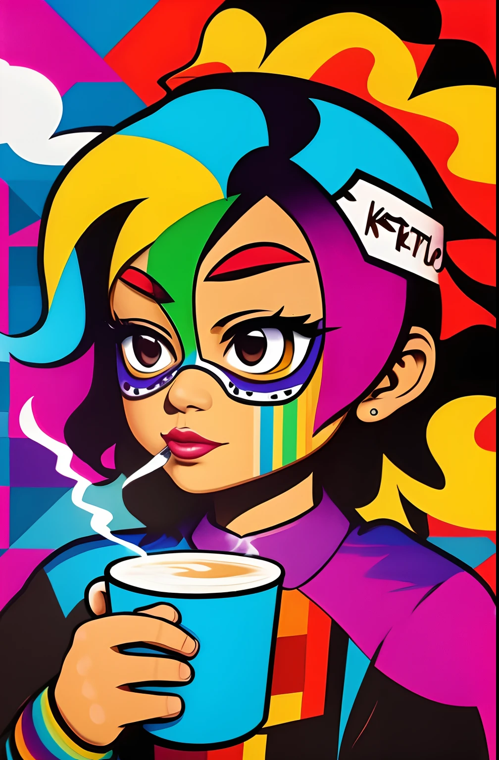 (Chicara WITH COFFEE COMING OUT SMOKE ),  Eduardo Kobra ,Romero Brito,The Filling Twins ,multidimensional geometric wall PORTRAIT, arte, Chibi,
Yang08k, lindo, Colouring,
Primary works, qualidade superior, melhor qualidade, Arte Oficial, Beautiful and Aesthetic, 64 mil