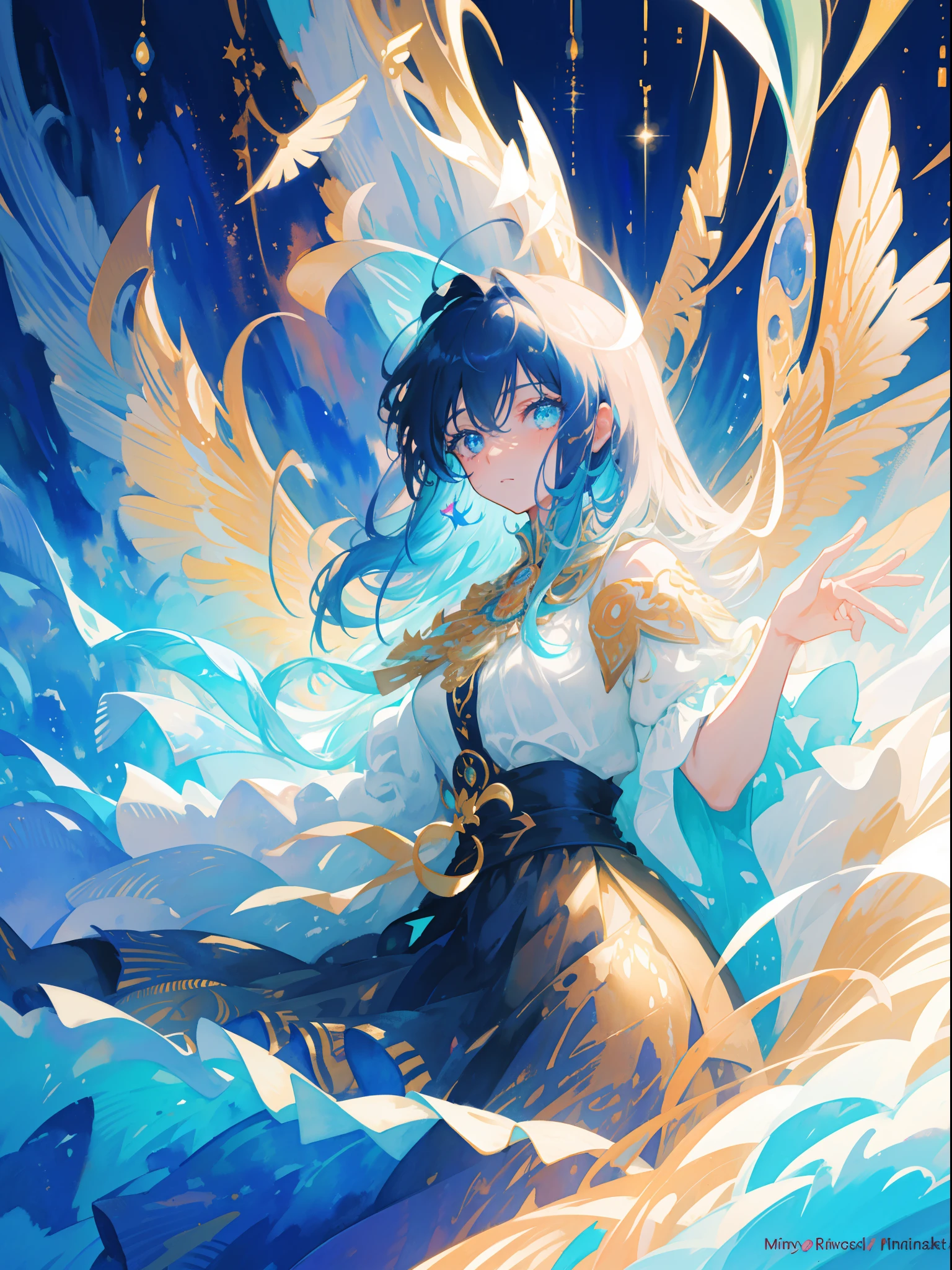 masterpiece, best quality, sharp focus, 8k, intricately detailed environment, anime, watercolor illustration, colorful, bright colors, whimsical, glowing lights, liquid otherworldly, fairy lights, beautiful girl in flowing liquid glowing dress, perfect face, golden ratio, sparkling eyes, watercolor, liquid light, angel wings