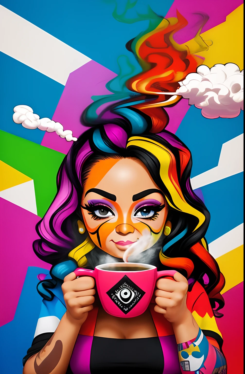 (Chicara WITH COFFEE COMING OUT SMOKE ),  Eduardo Kobra ,Romero Brito,The Filling Twins ,multidimensional geometric wall PORTRAIT, arte, Chibi,
Yang08k, lindo, Colouring,
Primary works, qualidade superior, melhor qualidade, Arte Oficial, Beautiful and Aesthetic, 64 mil