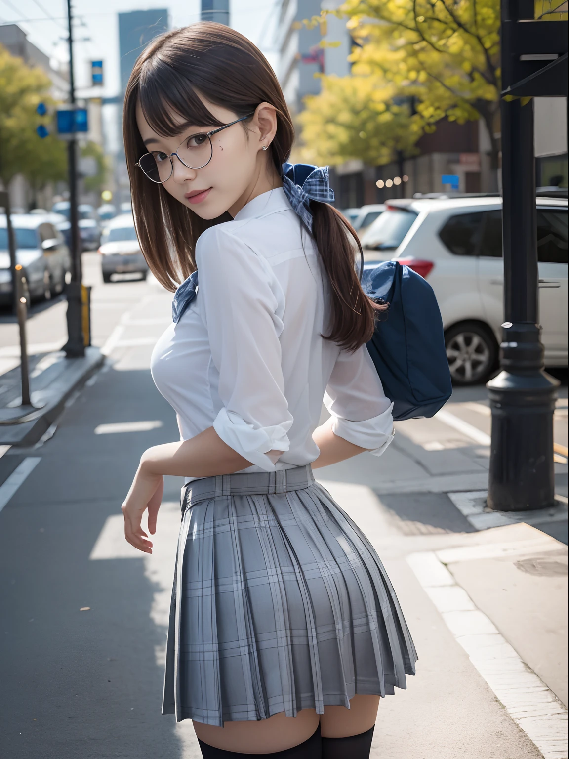 (in 8K、Raw photography、top-quality、masterpiece:1.2),watching at viewers,Looking at the front,Tie a side ponytail、Hang your hair on your chest.,Bullish,Muchimuchi,Erotic,Pupils,Light Blue Bra,de pele branca,kne,absurderes,a small face,small tits,flat breast,Parting the bangs from the middle、Forehead visible,(a smile,Tight eyes,skinny,Rasping)、masterpiece,top-quality、超A high resolution,Raw photo,ren,Beautiful fece,One Person, 独奏,eye glass,,Dark look,Small breasts,fullllbody,Round glasses、cute little、Back to Student,JK school uniform,hi-school girl,A Japanese Lady,is standing,(Photorealsitic:1.37)、Photon mapping,Realistic、Cute little face,Brown-eyed、Black socks、(Red bow tie)、Radio City、Physically Based Rendering、Foreground、depth of fields、Blurry background、a picture,The girls、Body,beauty legs, Long legs, Thin leg,Tie your hair into one strand on your chest,(Bangs are visible), hair, s lips, Blue_The eye, nosesoft,(Light blue shirt), (Navy and blue and white plaid pleated skirt), Knees are visible,Sheer clothing,, Thigh, Black cotton socks,Nogizaka Idol, 女優, Japanese ido