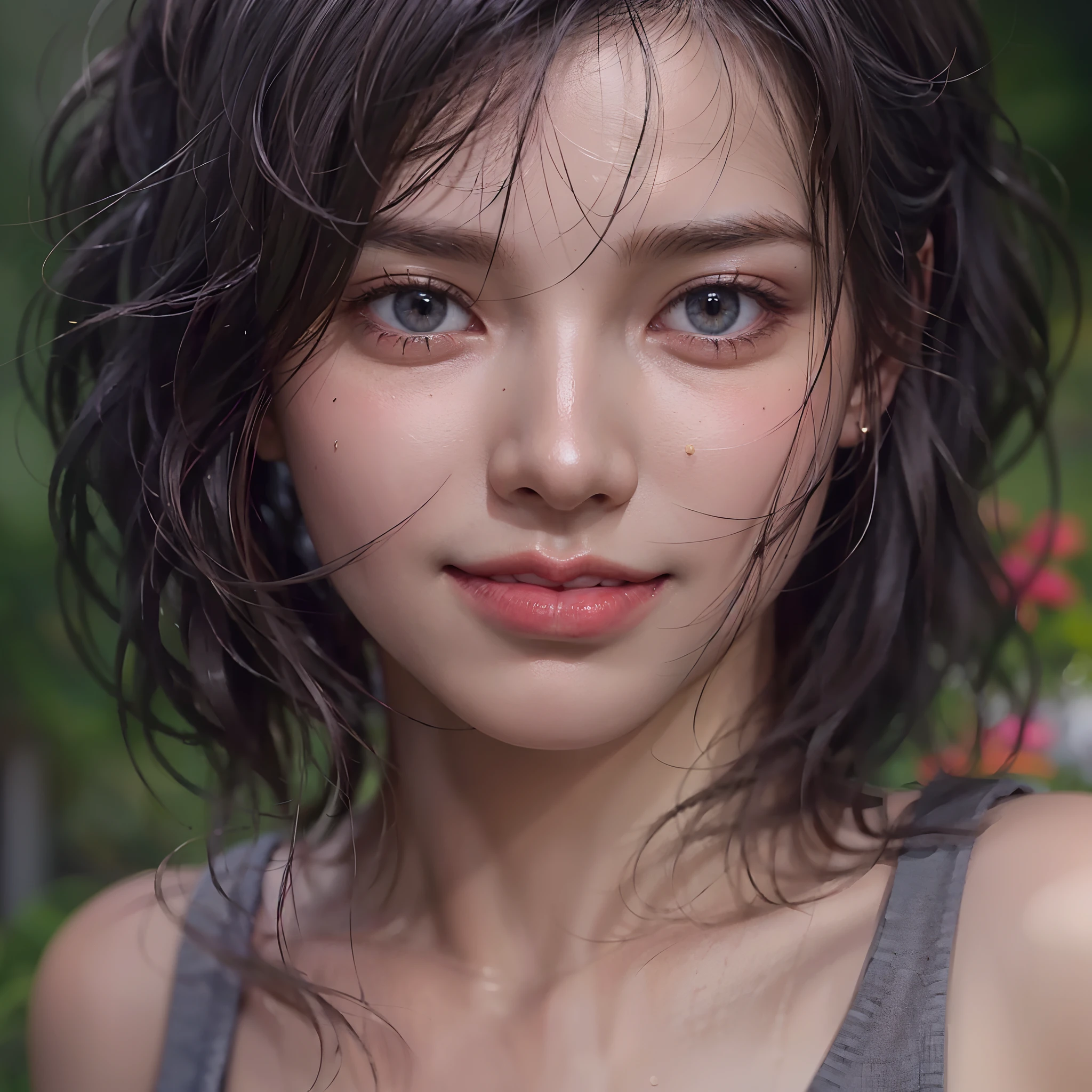 Film photography, 1girll, Gray Track Top,no clothes are worn,Cover your breasts， cleavage, Seductive smile, Small dairy, full bodyesbian, drunk blush:1.5, black wavy shoulder-length hair, serene, calm, (Realistic detailed eyes, Natural skin texture, Realistic face details), Soft dramatic lighting, Depth of field, Bokeh, vibrant detail, finely detailed, Hyperrealistic