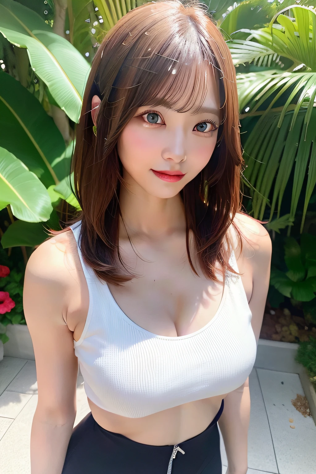 an award winning photograph, Wide angle eco-friendly photo of jungle, Sling tops, White floral top,Redhead woman with healthy body, closeup cleavage, with dynamism, Photorealistic, Realistic, Dramatic, Dark, Sharp focus, 8K,1girll,20yr old,full bodyesbian((top-quality,8K,tmasterpiece:1.3)),Sharp focus:1.2,Beautiful Women in Perfect Figure:1.4,Slender abdomen:1.2,((Layered Hair Style,:1.2)),(no-bra)(Big and beautiful(Thin, wet suspender low cut top length:1.1),Large breasts 1.3,(Rain-soaked suspender low-cut top),sweat shorts,pantyless,(Sateen,distance:1.2),Moist body:1.1,Very delicate face and skin texture,Detailed eyes,二重まぶた, suntanned skin,Raised sexy,marron marron,Real skin,Real eyebrows,Blue eyeballs,perfect proportion of body,facing away from the audience,turning around,Turn around,Twist the crotch,Exercise posture,looking at viewert,Gaze towards the viewer,