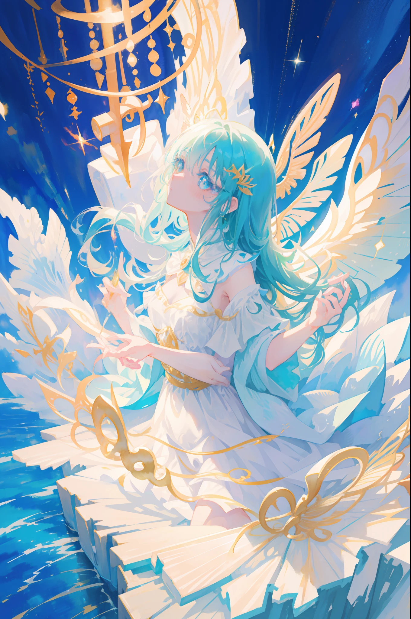 masterpiece, best quality, sharp focus, 8k, intricately detailed environment, anime, watercolor illustration, colorful, bright colors, whimsical, glowing lights, liquid otherworldly, fairy lights, beautiful girl in flowing liquid glowing dress, perfect face, golden ratio, sparkling eyes, watercolor, liquid light, angel wings