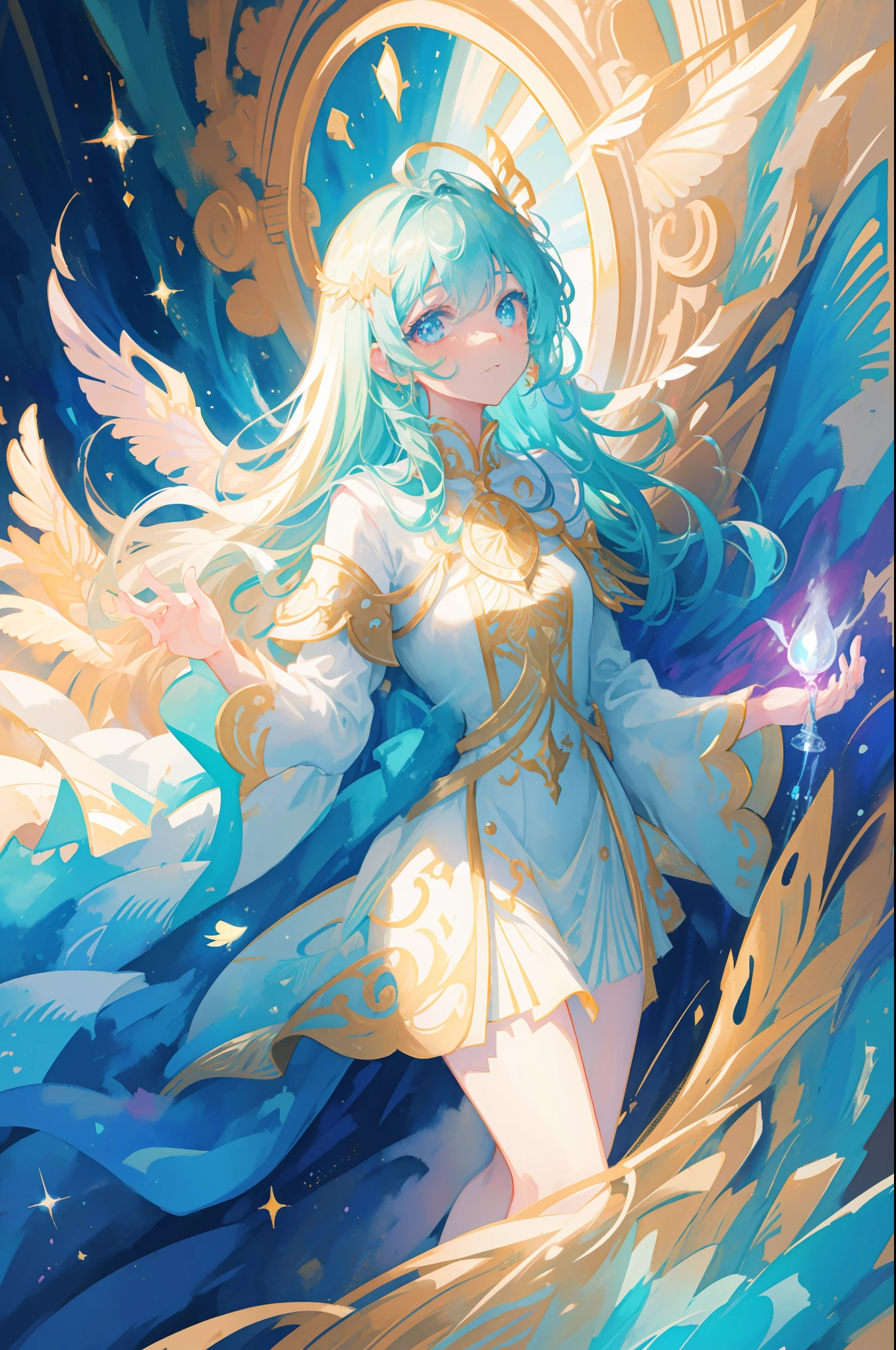 masterpiece, best quality, sharp focus, 8k, intricately detailed environment, anime, watercolor illustration, colorful, bright colors, whimsical, glowing lights, liquid otherworldly, fairy lights, beautiful girl in flowing liquid glowing dress, perfect face, golden ratio, sparkling eyes, watercolor, liquid light, angel wings
