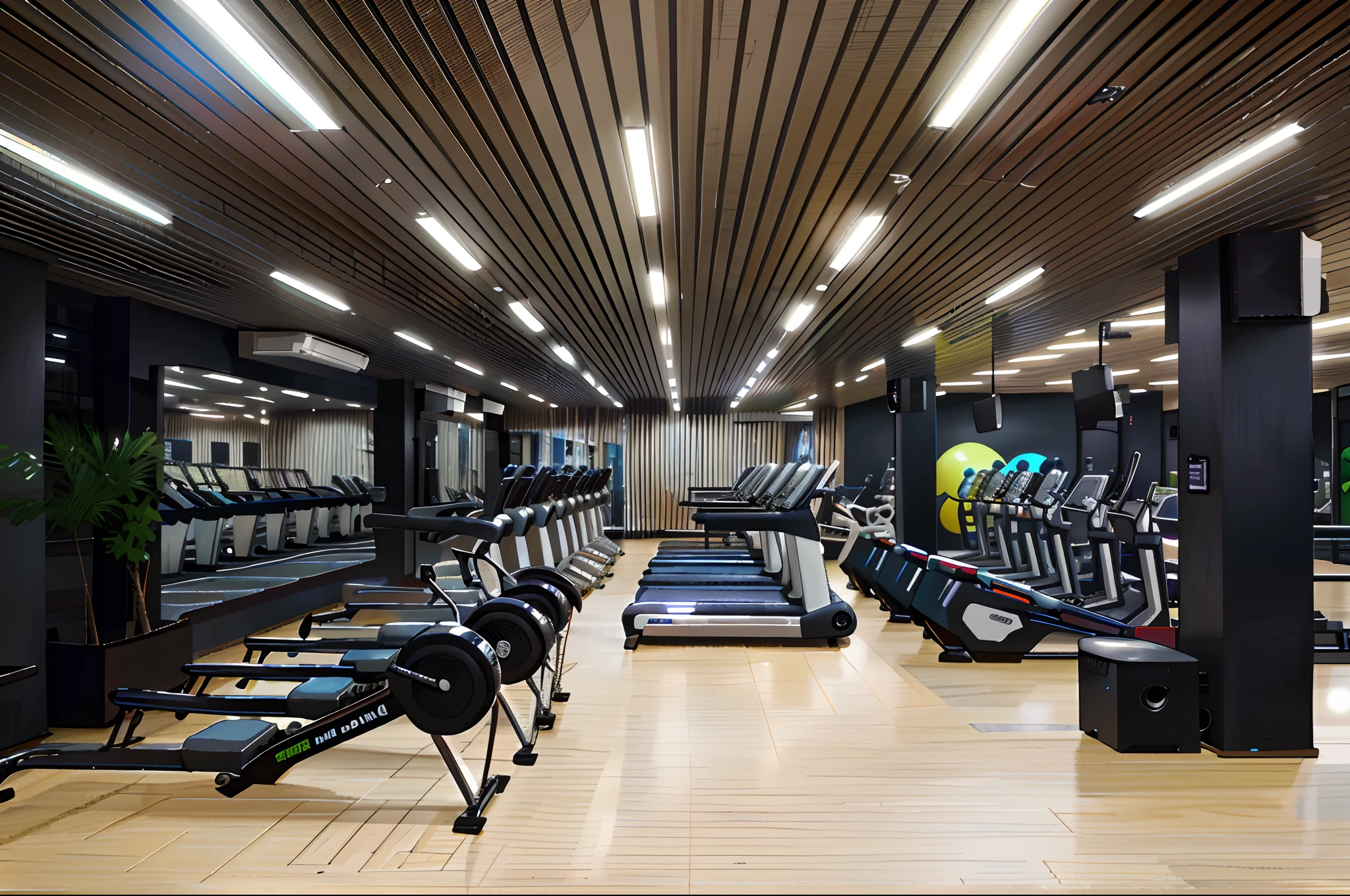 gym with rows of treadmills and machines in a large room, background a gym, dingy gym, local gym, Aptitude, combinar, Woo Kim, recreation, dim dingy gym, Karolina Cummings, em uma academia, Alana Fletcher, athletic build, inside an epic, simetria, precision, workout, corpo inteiro, corpo inteiro