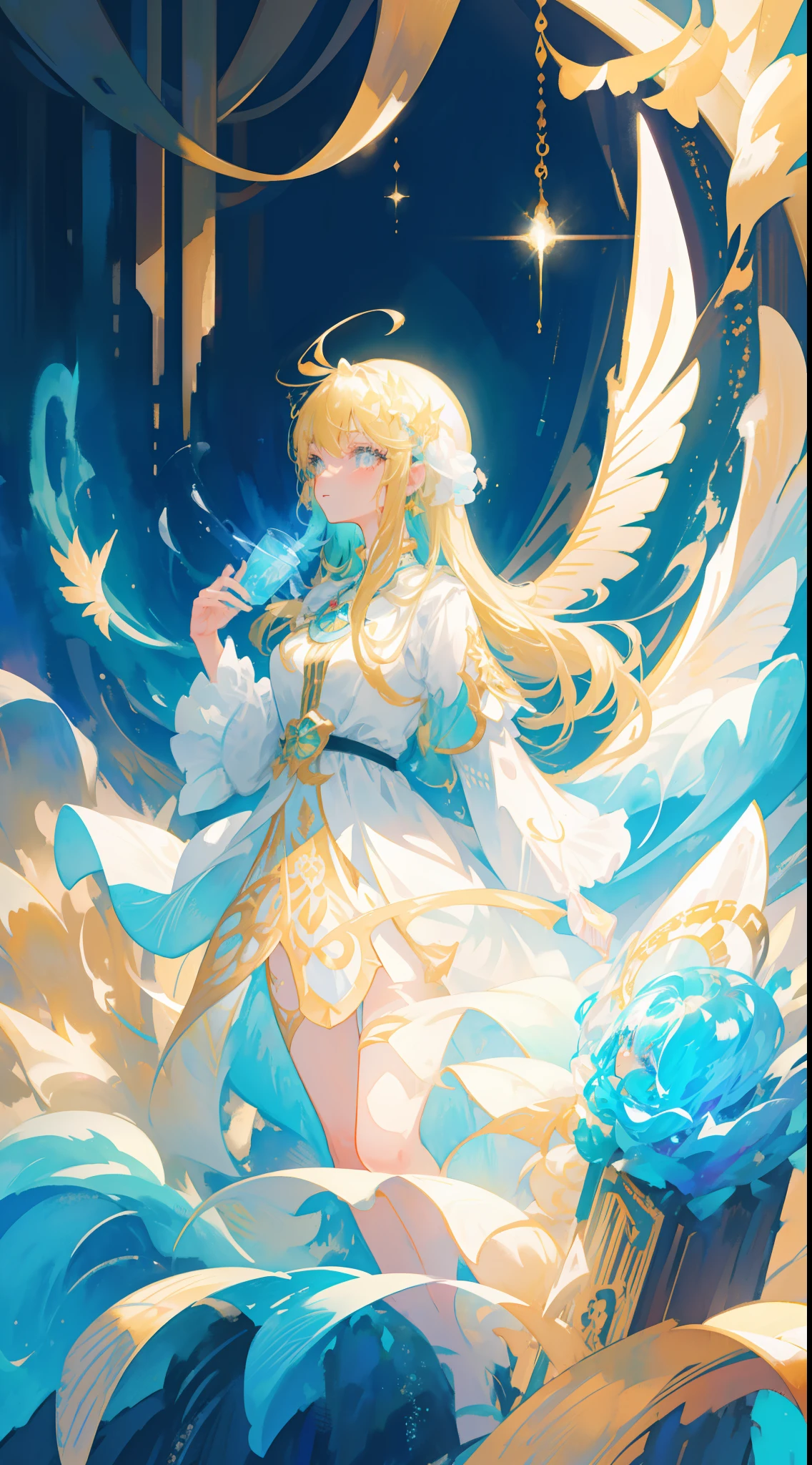 masterpiece, best quality, sharp focus, 8k, intricately detailed environment, anime, watercolor illustration, colorful, bright colors, whimsical, glowing lights, liquid otherworldly, fairy lights, beautiful girl in flowing liquid glowing dress, perfect face, golden ratio, sparkling eyes, watercolor, liquid light, angel wings