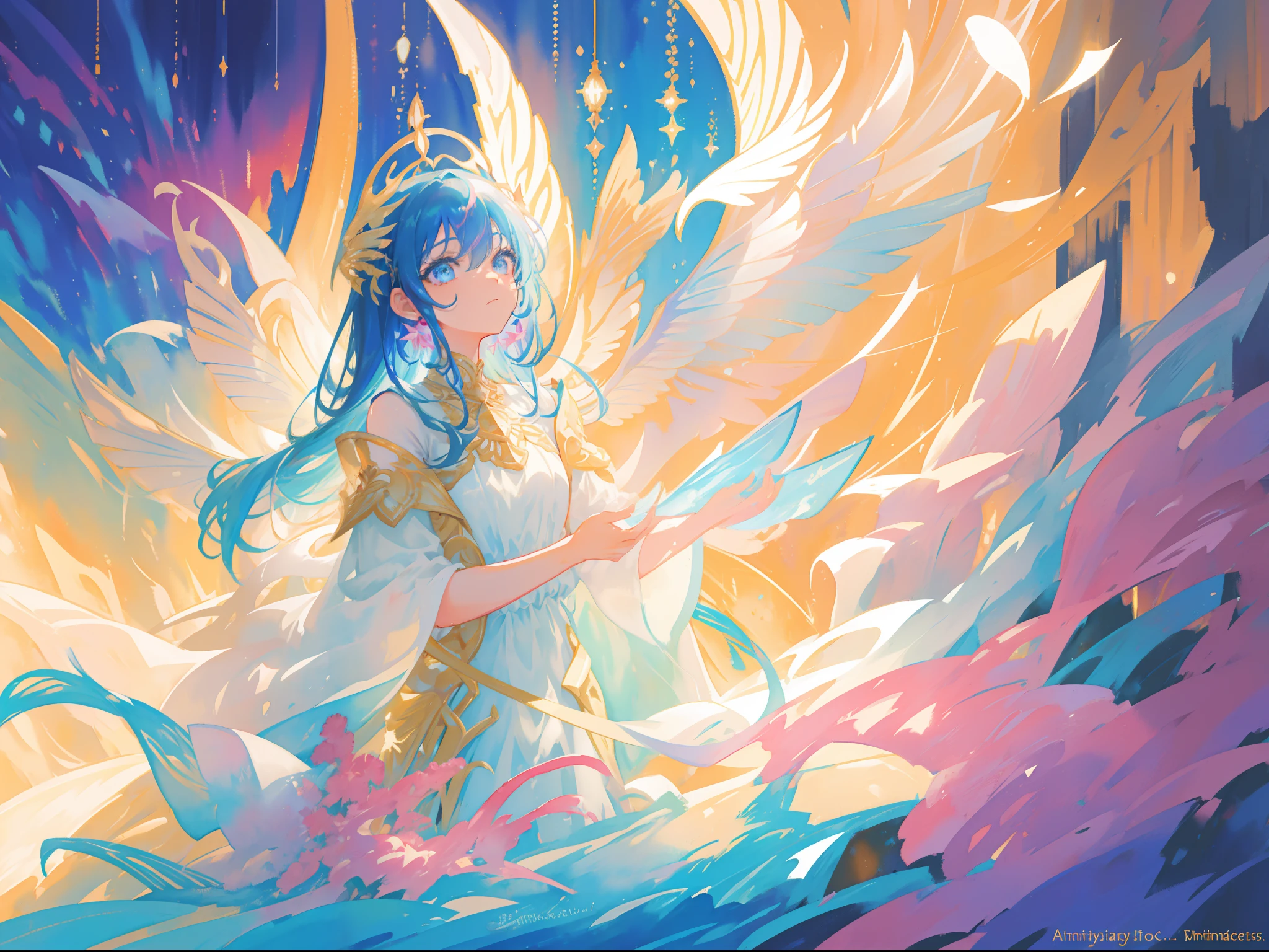 masterpiece, best quality, sharp focus, 8k, intricately detailed environment, anime, watercolor illustration, colorful, bright colors, whimsical, glowing lights, liquid otherworldly, fairy lights, beautiful girl in flowing liquid glowing dress, perfect face, golden ratio, sparkling eyes, watercolor, liquid light, angel wings