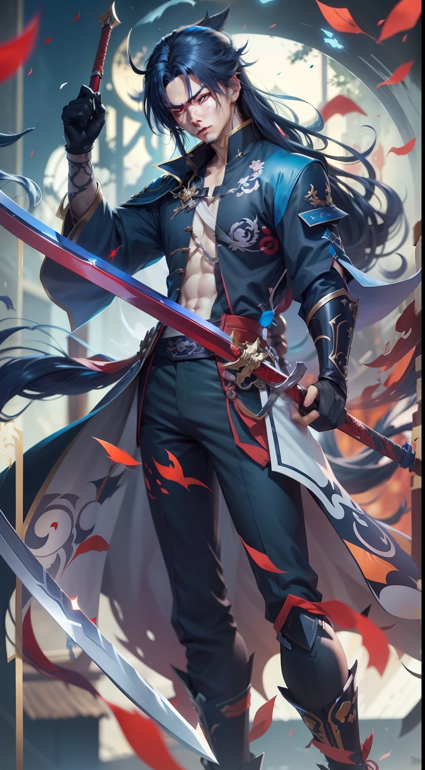 Anime character with long dark blue hair, wearing a cracked sword, Xiao from genshin impact, handsome guy in hate art, genshin impact character, Zhongli from genshin impact, anime guy tall with red eyes, young male shadow swordsman