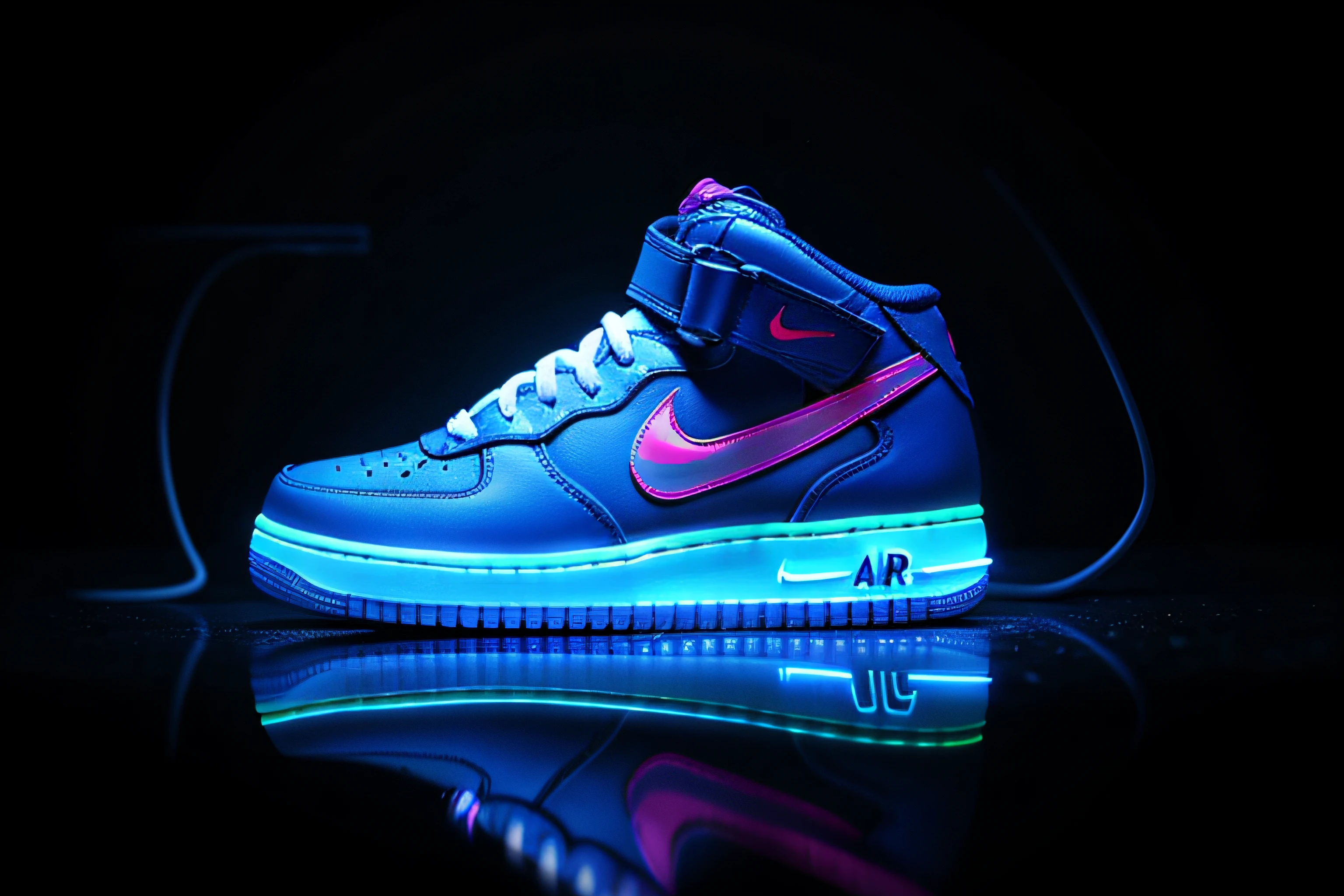 Nike Air Force Mid Black / morado / azul, Glowing neon, neon glowing, Neon bioluminescence, Dark night with neon colors, neon lighting medium full shot, with neon lighting, neon lit, stylized neon, Neon purple and blue, Neon holograms, Neon bioluminescence, Purple and blue neons, neon dark lighting