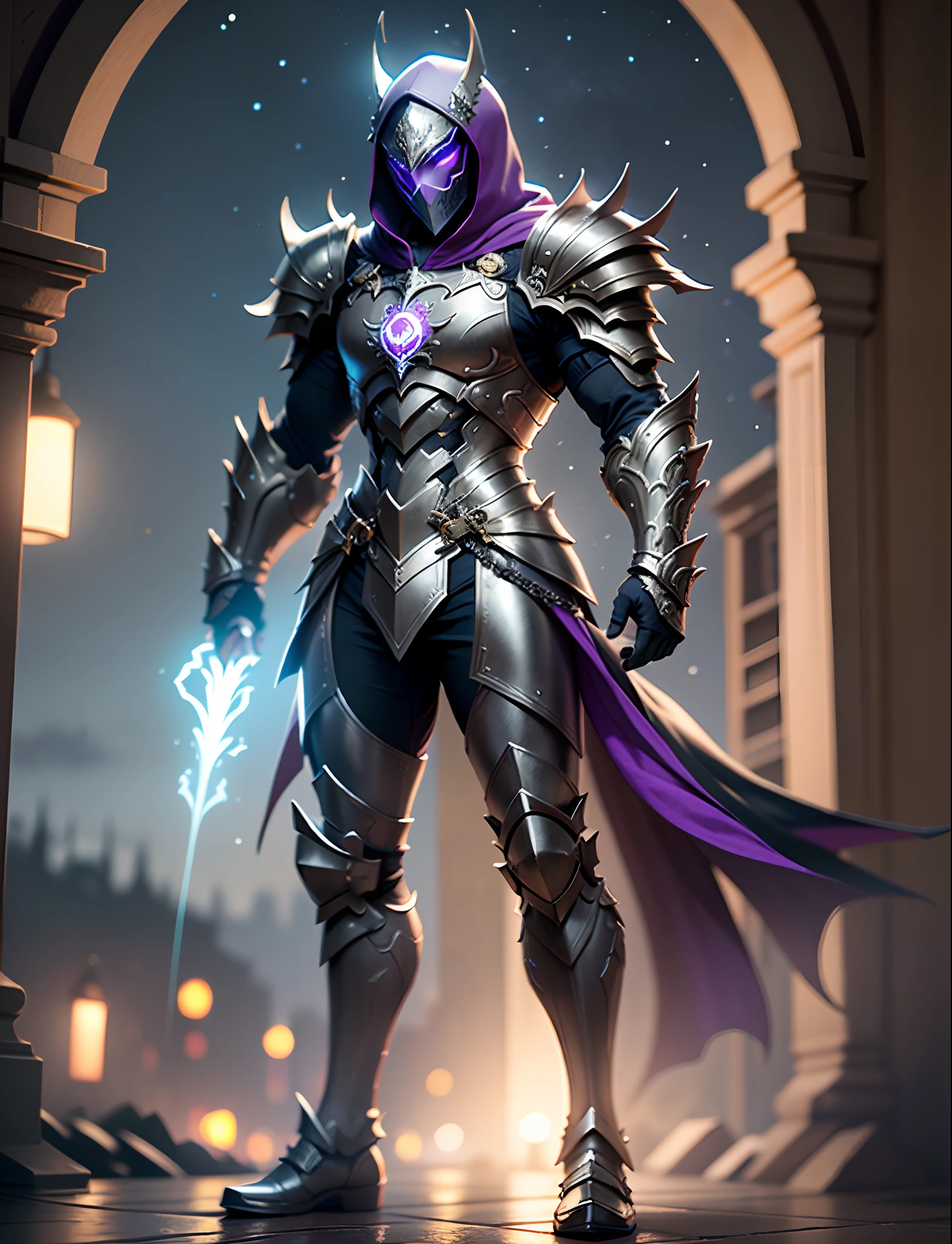 full body hyper realistic black purple hooded sharp ornate saga armor man suite, waring mask, full sharp armor, red neon, night, extra details armor, Many details, front view, (night:2) castle background, full body, full body, all body, front view, wide angle, ultra details, ultra resolution, ultra quality, unreal engine 5, cinematic lighting, depth of field, head out of frame, out of frame, feet out of frame, super detail, 16k, high quality, award winning, best quality, textured skin, high details, super detail