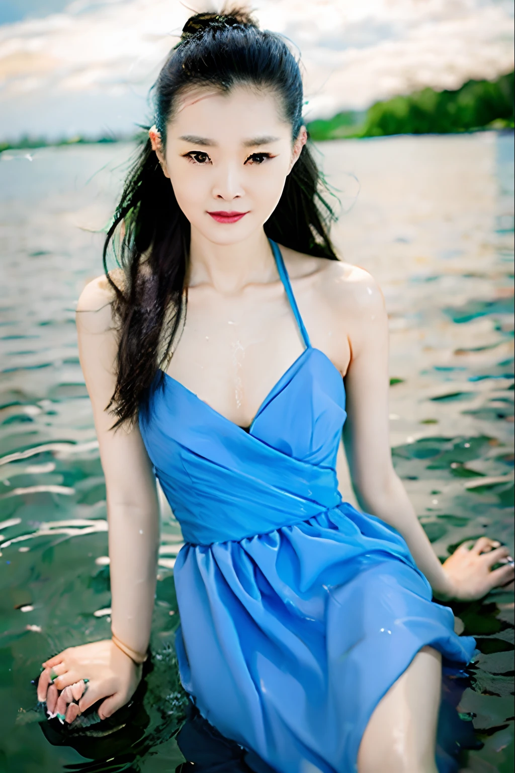 Songyi， Chinese Sydney， 1girll， 独奏，flatchest， （natta：1.4）， Stand in the middle of the water， Wet blue dress， The upper part of the body， Dark skies，prengant