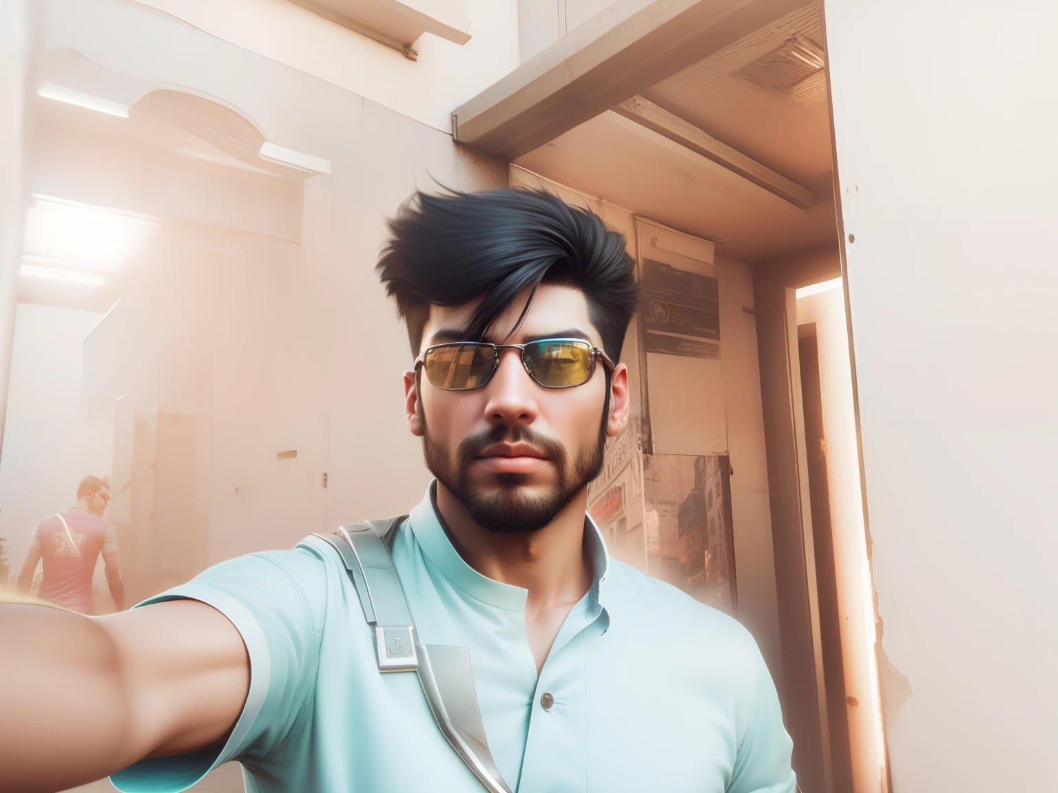 Change complete background to cyberpunk city , hansome men look with sunglasses , realistic face , convert this selfie image to candid image click