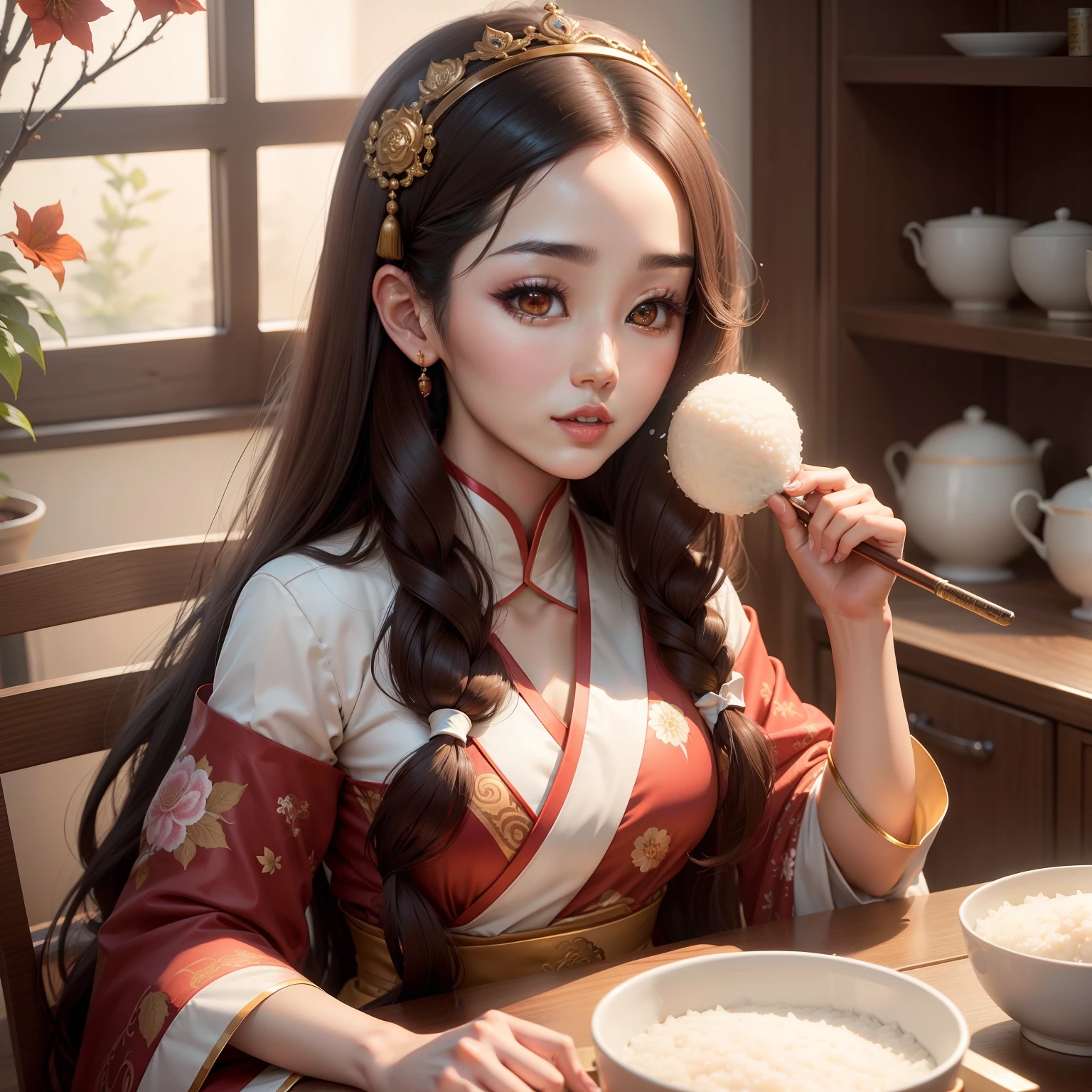 Asian woman with long brown hair, dilraba dilmurat, Portrait of female Korean idol, Popular Korean Makeup,popular south korean makeup, Cute Japan actress、Eating rice、