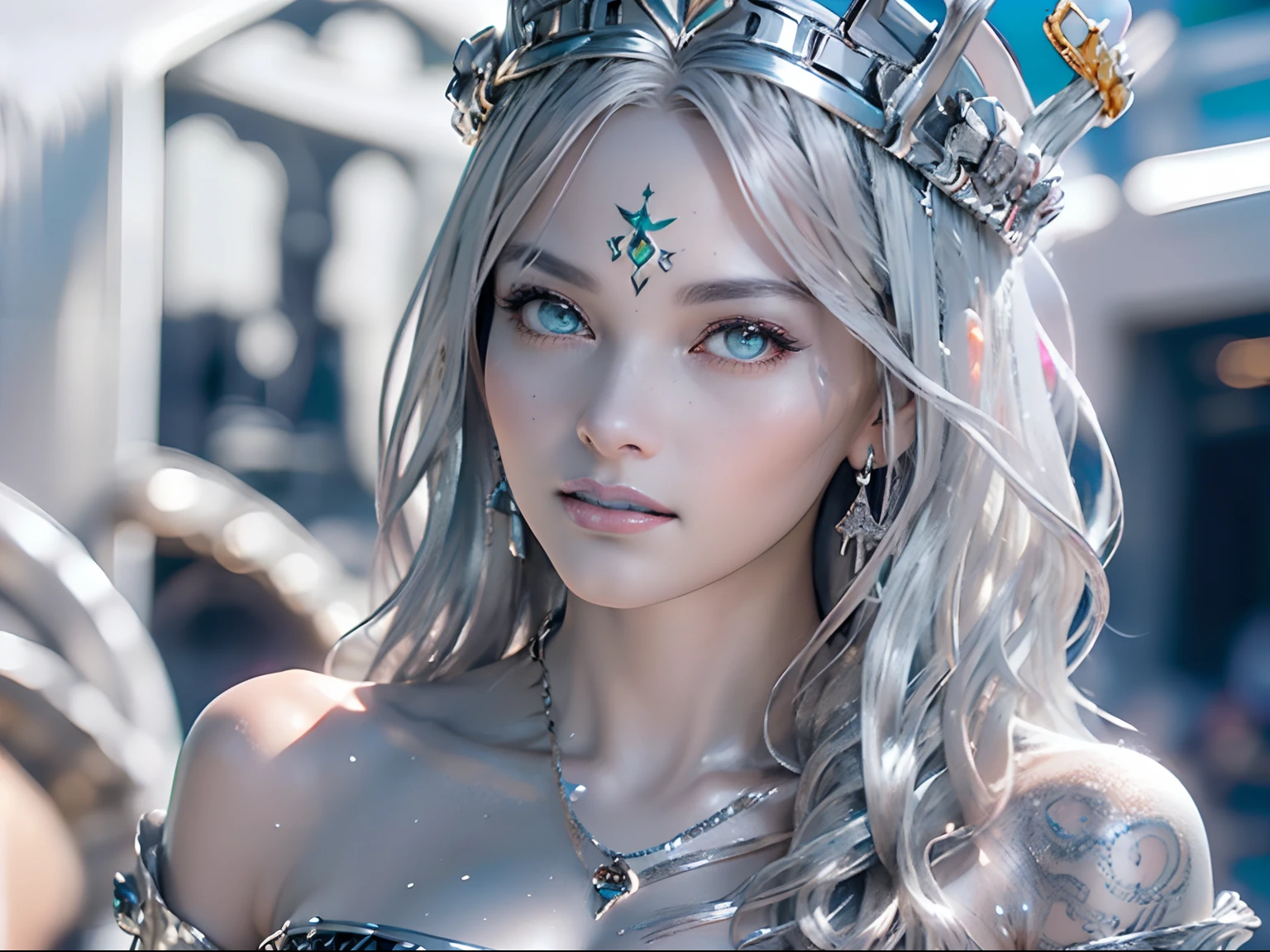 Ultra-detailed complex 3D rendering of the face, (masterpiece, top quality, octane rendering,), glamour shots full body image, very beautiful young elves, cleavage, (highly detailed skin: 1.2), (exposure: 1.1), ((blue micro bikini: 1.95)))). , 8k, (((very soft breasts)), (((conspicuous large pink areola)), beautiful Caucasian woman with white skin with full soft breasts with big buttocks, one, long braided hair, big breasts, dynamic angles, (((huge breasts: 2.4)), ultra-realistic photos, ((((((silver hair)))), futuristic urban background, facial muscles, (((((detailed and glamorous silver crown)))), In the style of Marvel Comics, ArtStation Trends, Clear Focus, Intricate Details, Very Detailed, Detailed Green Eyes, Sharp Focus, Digital Rendering, Professional, Abs, Lip Gloss, Glossy Skin, Sexy Pose, Golden Tattoo All Over Body, Silver Pattern All Over Body, Silver Lame Skin, Gold Glitter Skin, Mansuji, Buttocks, Jeweled All Over the Body, with silver scales, silver hair,