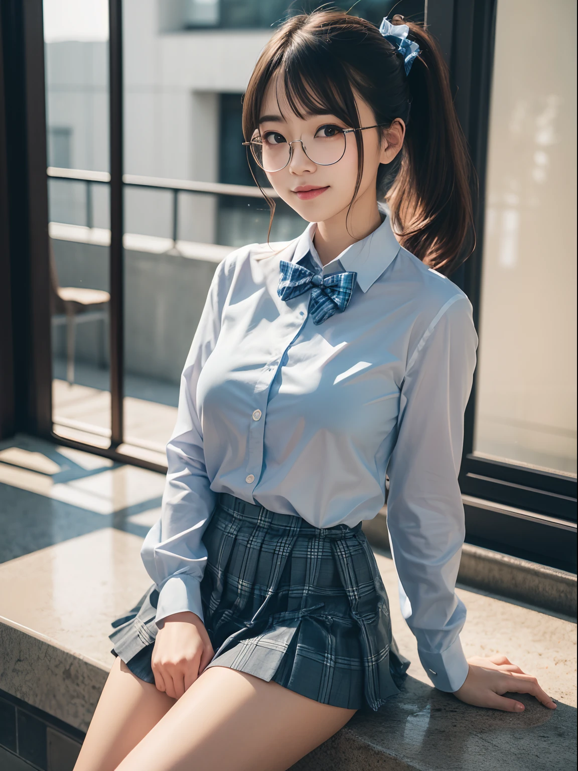 （in 8K、Raw photography、top-quality、​masterpiece：1.2),watching at viewers,Looking at the front,Tie a side ponytail、Hang your hair on your chest.,Bullish,Muchimuchi,Erotic,Pupils,Light Blue Bra,de pele branca,kne,absurderes,a small face,small tits,flat breast,Parting the bangs from the middle、Forehead visible,(a smile,Tight eyes,skinny,Rasping)、​masterpiece,top-quality、超A high resolution,Raw photo,ren,Beautiful fece,One Person, 独奏,eye glass,,Dark look,Small breasts,fullllbody,Round glasses、cute little、Back to Student,JK school uniform,hi-school girl,A Japanese Lady,is standing,（Photorealsitic：1.37）、Photon mapping,Realistic、Cute little face,Brown-eyed、Black socks、(Red bow tie)、Radio City、Physically Based Rendering、Foreground、depth of fields、Blurry background、a picture,The girls、Body,beauty legs, Long legs, Thin leg,Tie your hair into one strand on your chest,(Bangs are visible), hair, s lips, Blue_The eye, nosesoft,(Light blue shirt), (Navy and blue and white plaid pleated skirt), Knees are visible,Sheer clothing,, Thigh, Black cotton socks,Nogizaka Idol, 女優, Japanese ido