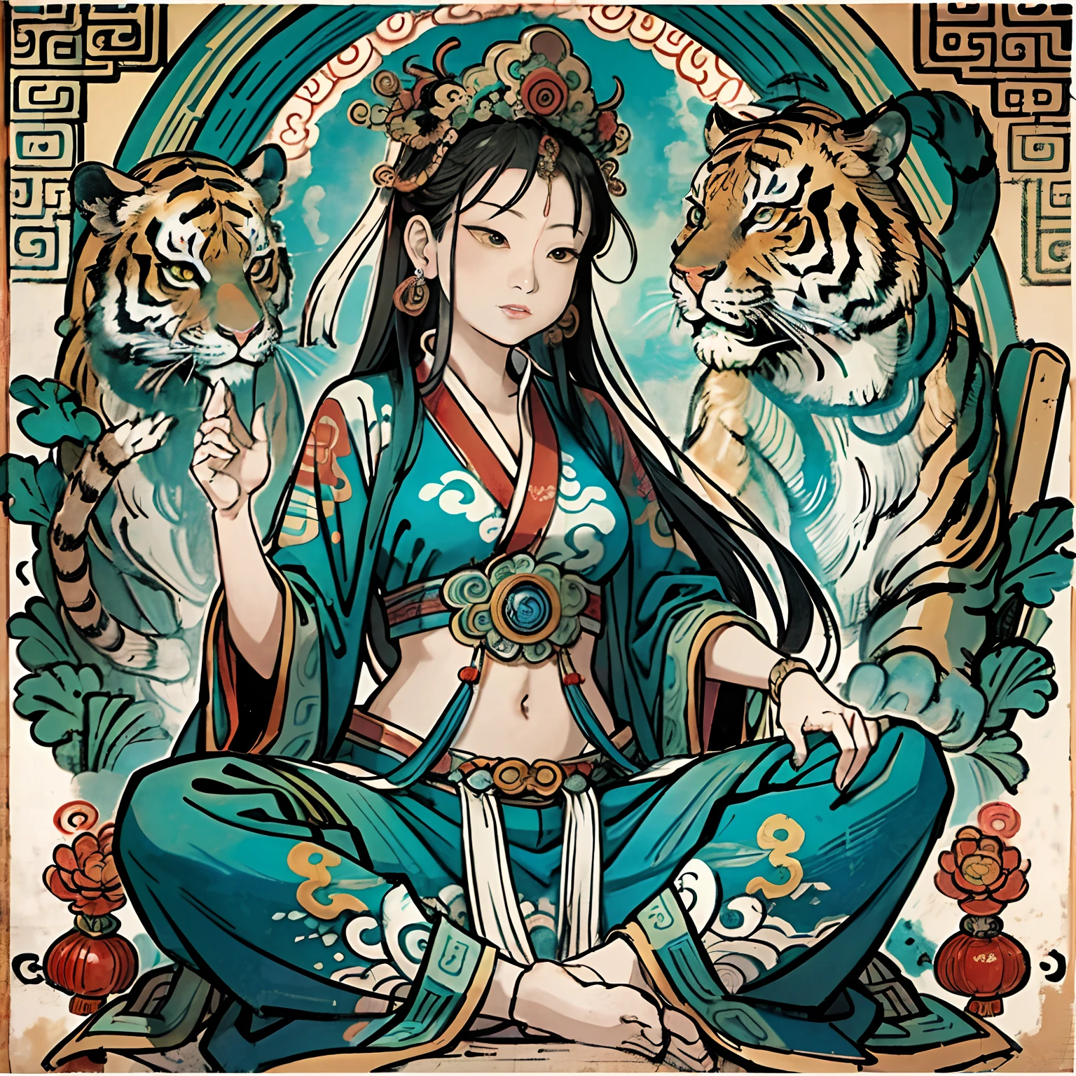 an ancient Chinese goddess, guanyin of the southern seas, Guanyin, Inspired by India, Avalokiteshvara rides a tiger,,Serene expression,shui mo hua,Buddha,Buddhist,Lotus,Chinese painting style,Thangka style
