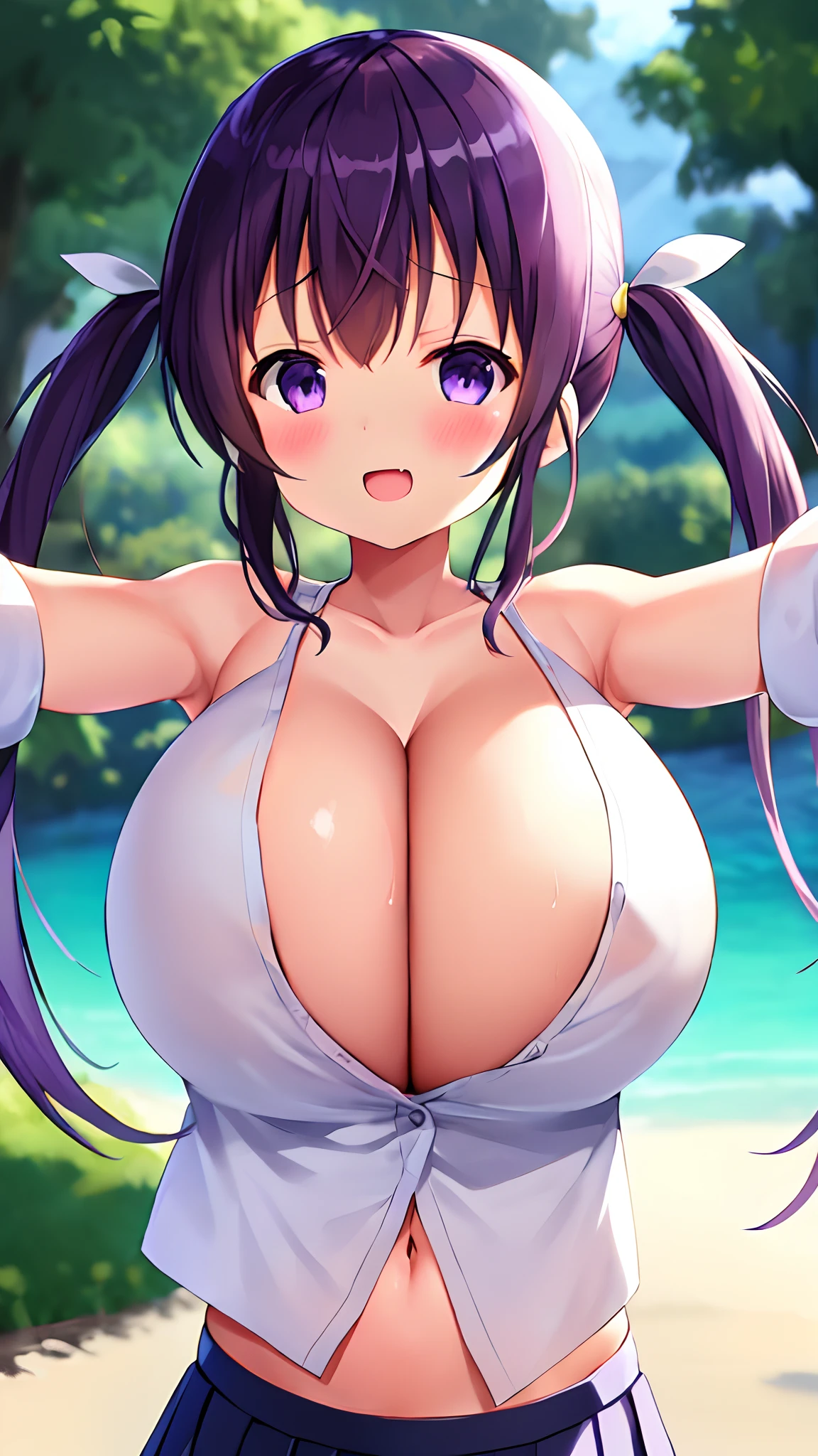 (1girl), (Kirima Sharo), (gochuumon wa usagi desu ka?), (Gochiusa face), (purple black hair), (Long hair), (Twintail), (Purple eyes),  (:D), (huge-breasted:1.3), (oppai:1.2), (School uniform), (white shirt), (open clothes), (pleated skirt), (clavicle), (navel), (bare shoulders), (fluffy chest), (Outstretched arms), (Ecchi), (breast closeup), (Looking down:1.1), (Upper body), (lake)