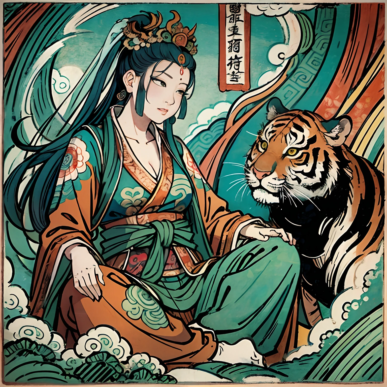 an ancient Chinese goddess, guanyin of the southern seas, Guanyin, Inspired by India, Avalokiteshvara rides a tiger,,Serene expression,shui mo hua,Buddha,Buddhist,Lotus,Chinese painting style,Thangka style