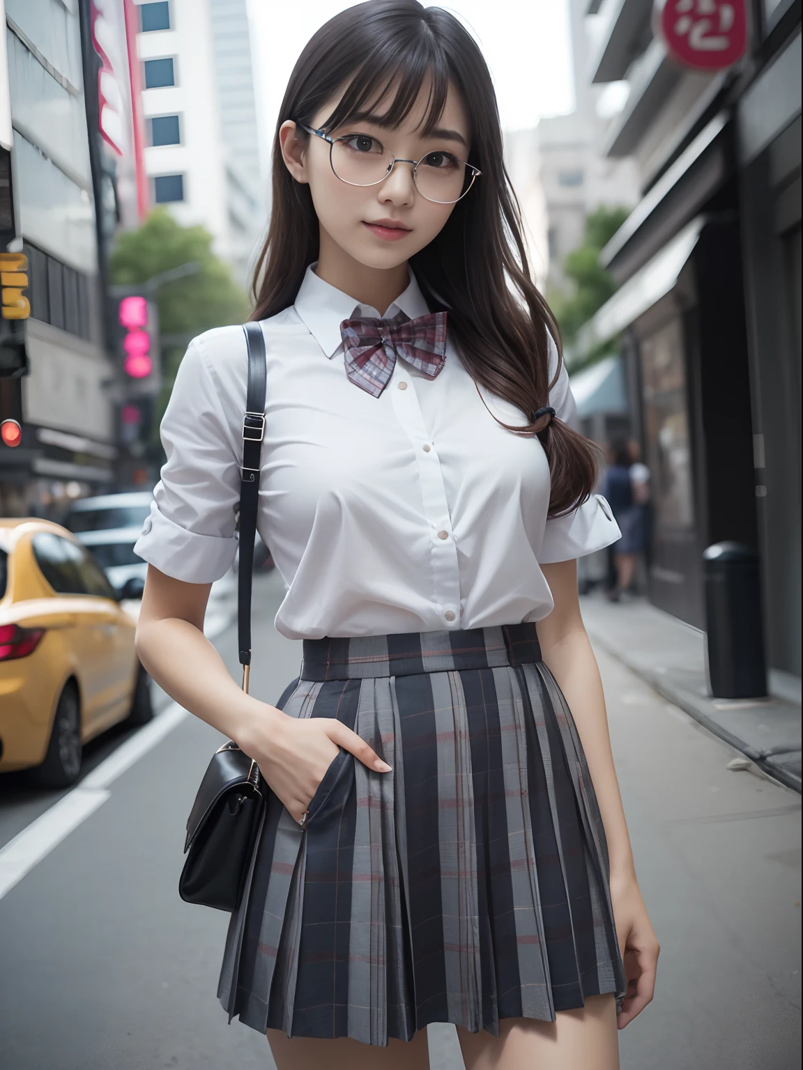 (in 8K、Raw photography、top-quality、masterpiece:1.2),watching at viewers,Looking at the front,Tie a side ponytail、Hang your hair on your chest.,Bullish,Muchimuchi,Erotic,Pupils,Light Blue Bra,de pele branca,kne,absurderes,a small face,small tits,flat breast,Parting the bangs from the middle、Forehead visible,(a smile,Tight eyes,skinny,Rasping)、masterpiece,top-quality、超A high resolution,Raw photo,ren,Beautiful fece,One Person, 独奏,eye glass,,Dark look,Small breasts,fullllbody,Round glasses、cute little、Back to Student,JK school uniform,hi-school girl,A Japanese Lady,is standing,(Photorealsitic:1.37)、Photon mapping,Realistic、Cute little face,Brown-eyed、Black socks、(Red bow tie)、Radio City、Physically Based Rendering、Foreground、depth of fields、Blurry background、a picture,The girls、Body,beauty legs, Long legs, Thin leg,Tie your hair into one strand on your chest,(Bangs are visible), hair, s lips, Blue_The eye, nosesoft,(Light blue shirt), (plaid pleated skirt), Knees are visible,Sheer clothing,, Thigh, Black cotton socks,Nogizaka Idol, 女優, Japanese ido