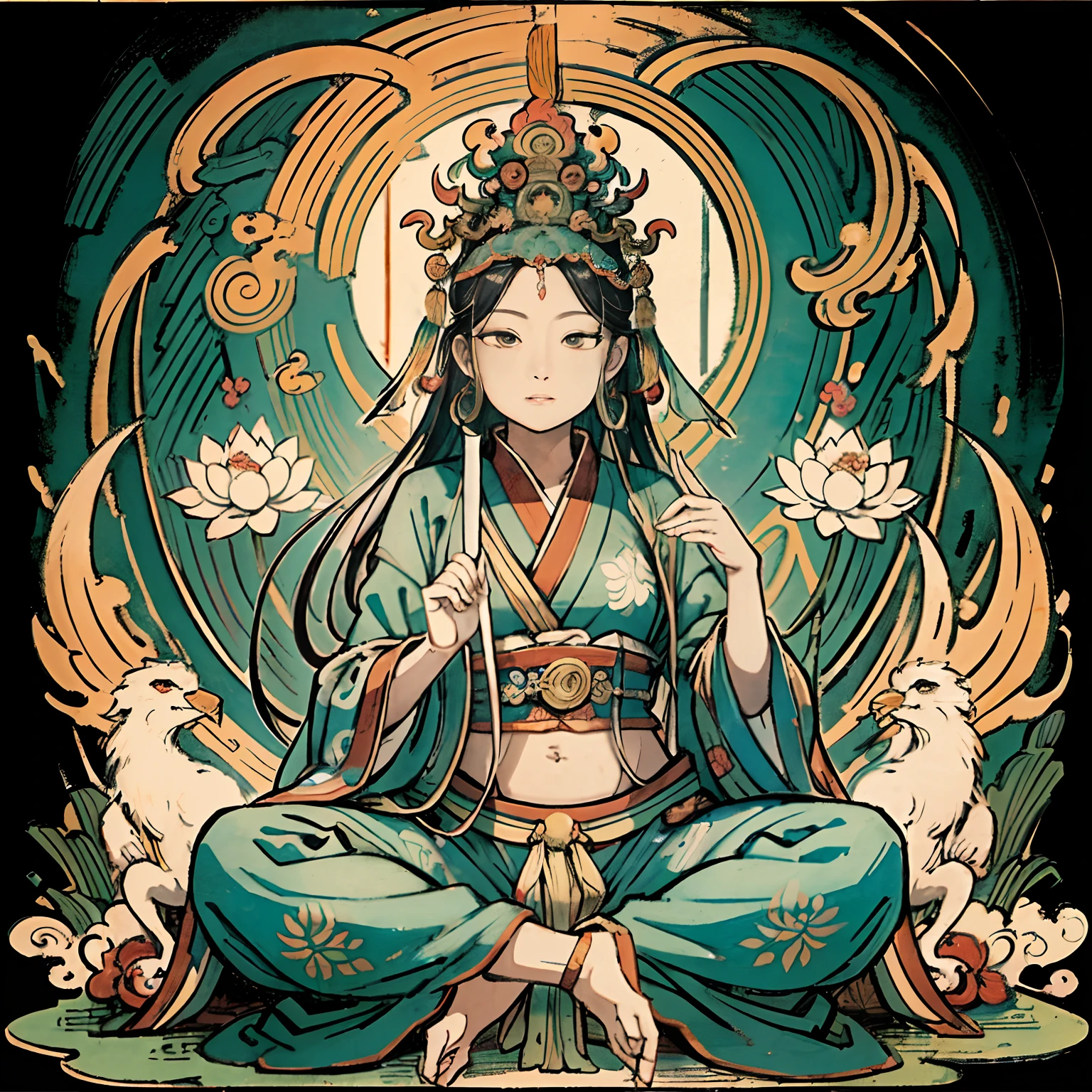 an ancient Chinese goddess, guanyin of the southern seas, Guanyin, Inspired by India, Avalokiteshvara rides a phoenix,,Serene expression,shui mo hua,Buddha,Buddhist,Lotus,Chinese painting style,Thangka style