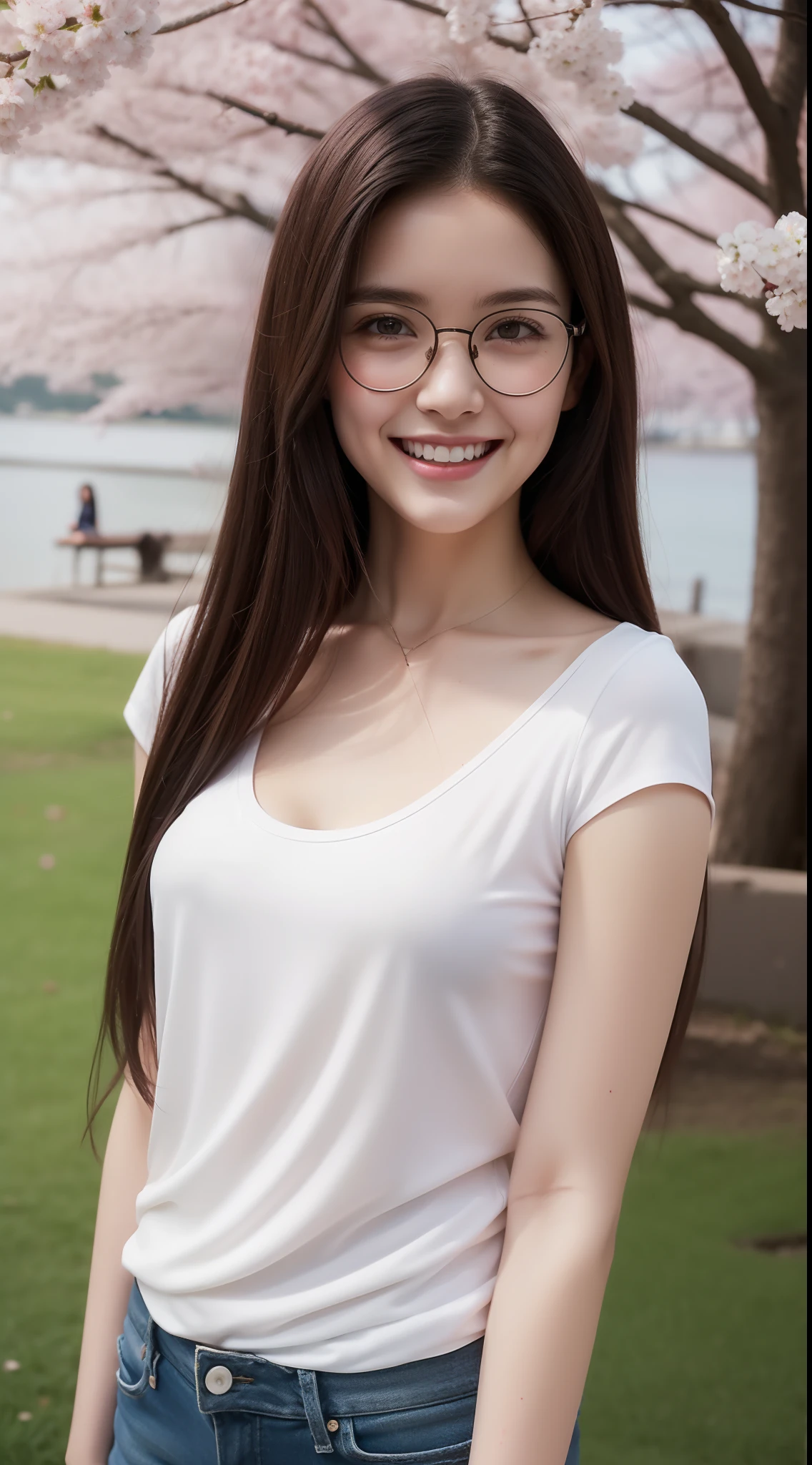 Pretty young Margaret Qualley, The Last of Us, Game, glasses, white shirt, tight shirt, horizontal striped shirt, wearing nice top, low neckline, wearing simple, tight clothes, short shorts, dark tights, hyperrealistic, 14 years old, model's body, small breasts, beautiful breasts, long hair, layered hairstyle, blonde hair, long legs, 8k, in front of the lake, cherry blossom, sunlight, led lighting, blood on the wall, pool of blood, full of human remains, detailed reflection, anime style, smiling