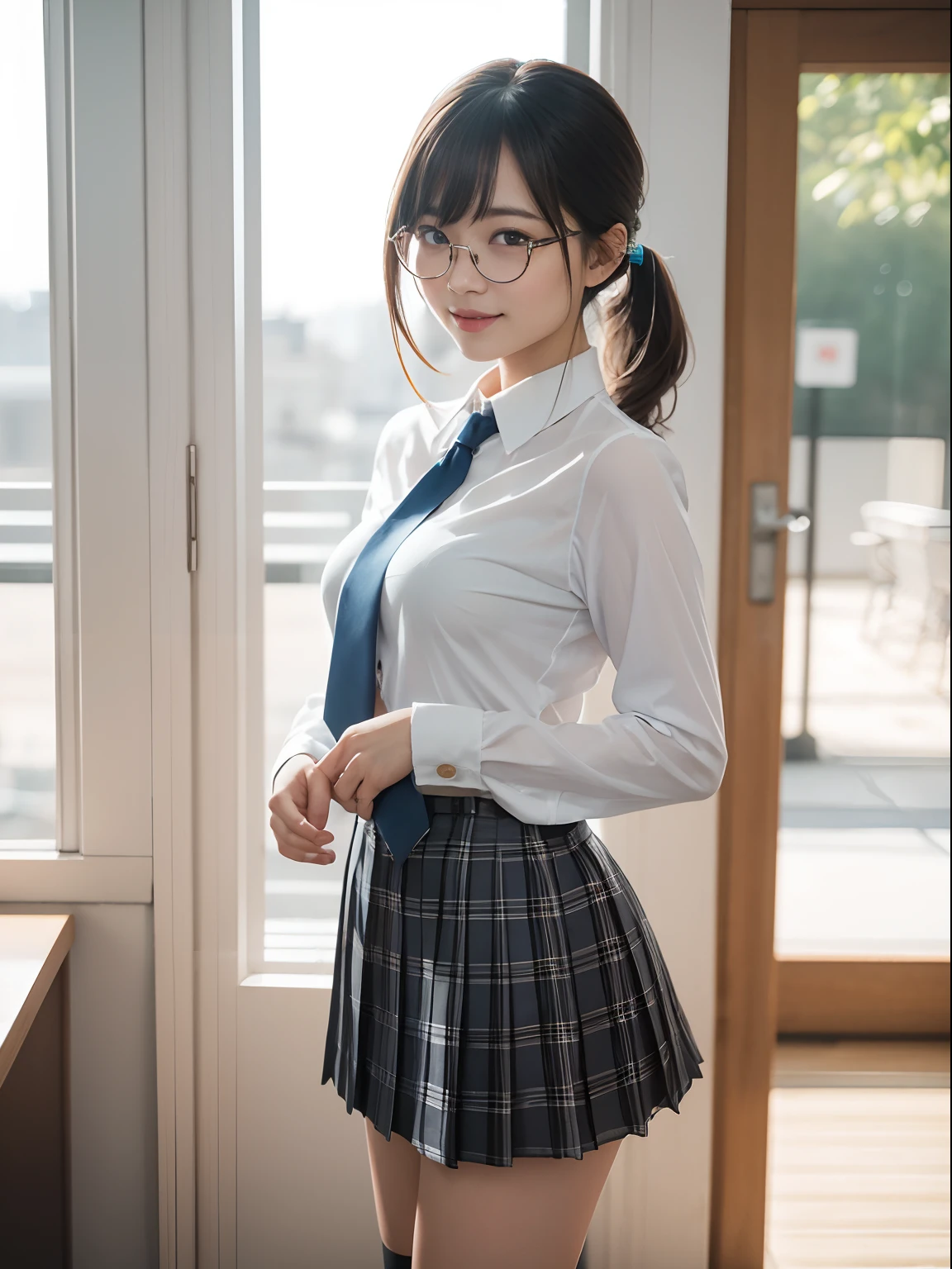 (in 8K、Raw photography、top-quality、masterpiece:1.2),watching at viewers,Looking at the front,Tie a side ponytail、Hang your hair on your chest.,Bullish,Muchimuchi,Erotic,Pupils,Light Blue Bra,de pele branca,kne,absurderes,a small face,small tits,flat breast,Parting the bangs from the middle、Forehead visible,(a smile,Tight eyes,skinny,Rasping)、masterpiece,top-quality、超A high resolution,Raw photo,ren,Beautiful fece,One Person, 独奏,eye glass,,Dark look,Small breasts,fullllbody,Round glasses、cute little、Back to Student,JK school uniform,hi-school girl,A Japanese Lady,is standing,(Photorealsitic:1.37)、Photon mapping,Realistic、Cute little face,Brown-eyed、Black socks、(neck tie)、Radio City、Physically Based Rendering、Foreground、depth of fields、Blurry background、a picture,The girls、Body,beauty legs, Long legs, Thin leg,Tie your hair into one strand on your chest,(Bangs are visible), hair, s lips, Blue_The eye, nosesoft,(Light blue shirt), (plaid pleated skirt), Knees are visible,Sheer clothing,, Thigh, Black cotton socks,Nogizaka Idol, 女優, Japanese ido