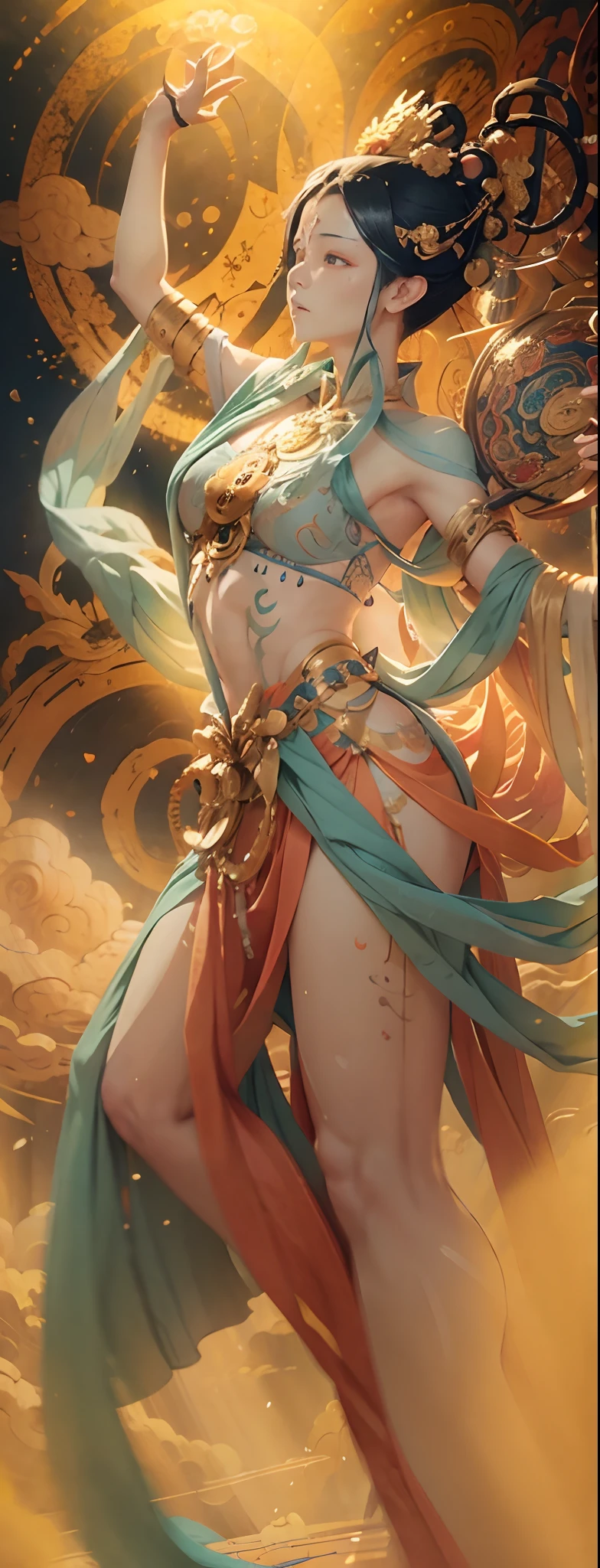 Chinese mythology,(the space),(Map of Dunhuang Flying Sky:1.4),Flying pose,Lazy expression,full bodyesbian,Tyndall effect,Glow effects,Anime art style,Romantic graffiti,Meticulous,Realism is popular, New Fauvist style,Knolling,8K,tmasterpiece,super-fine,best qualtiy,8K,tmasterpiece,Works of masters,Detailed pubic hair,Accurate,Epic shooting