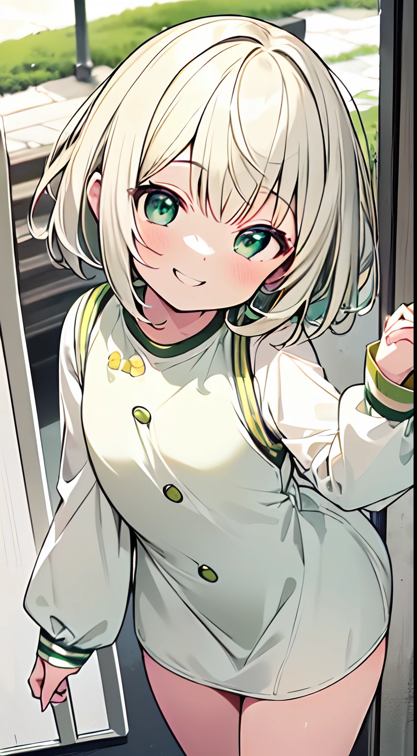 masutepiece, Best Quality,Illustration, Wallpaper, Ultra Detail, absurderes, 1womanl,Solo,Beautiful detailed eyes,
Bangs, Medium Short-Cut Hair, (XD)、(((Light clothing in pale yellow-green and white)))、((Full smile))、((small curvy loli))